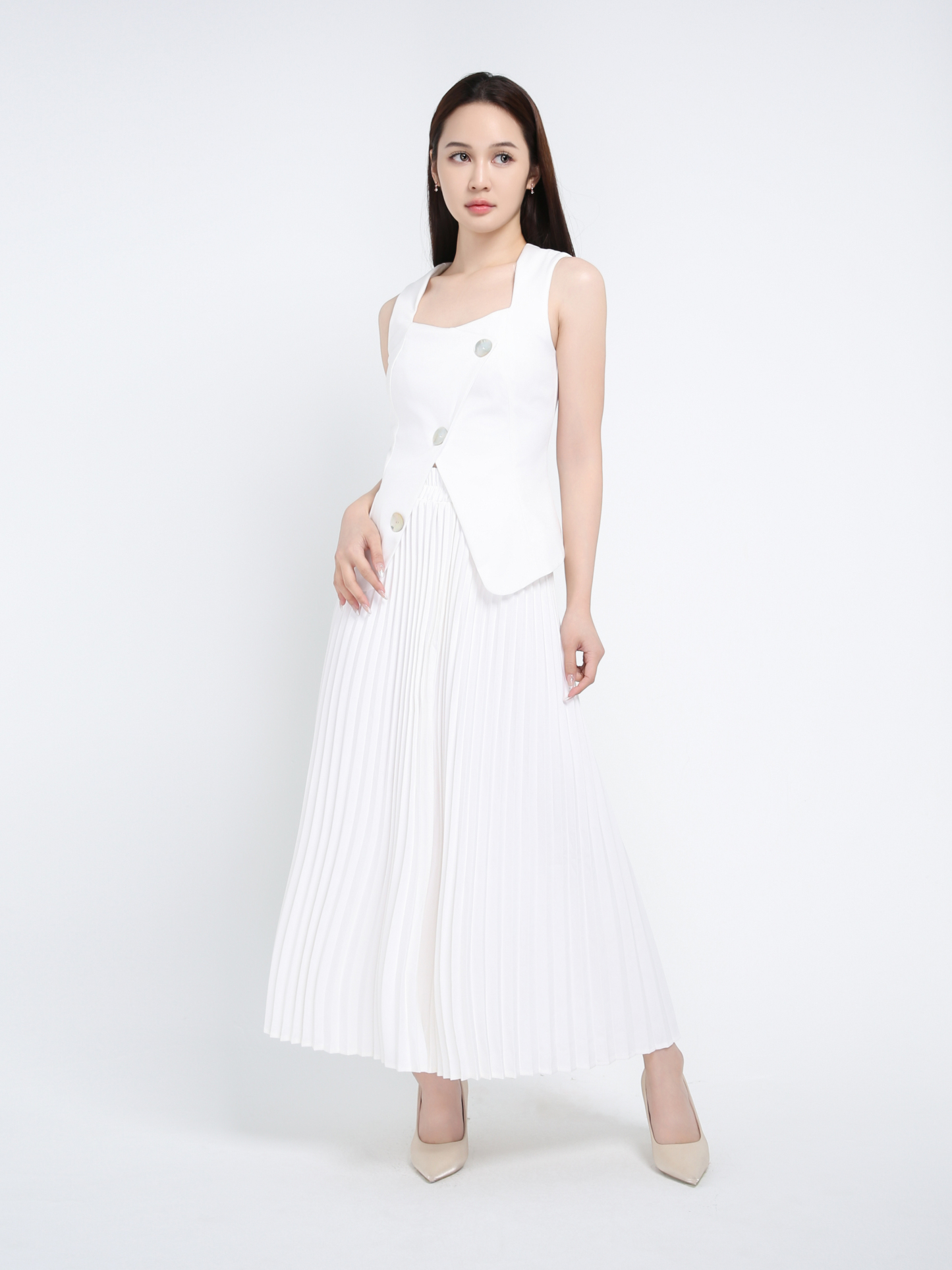 Sleeveless Back Zip Top With Pleated Long Skirt Set 39747