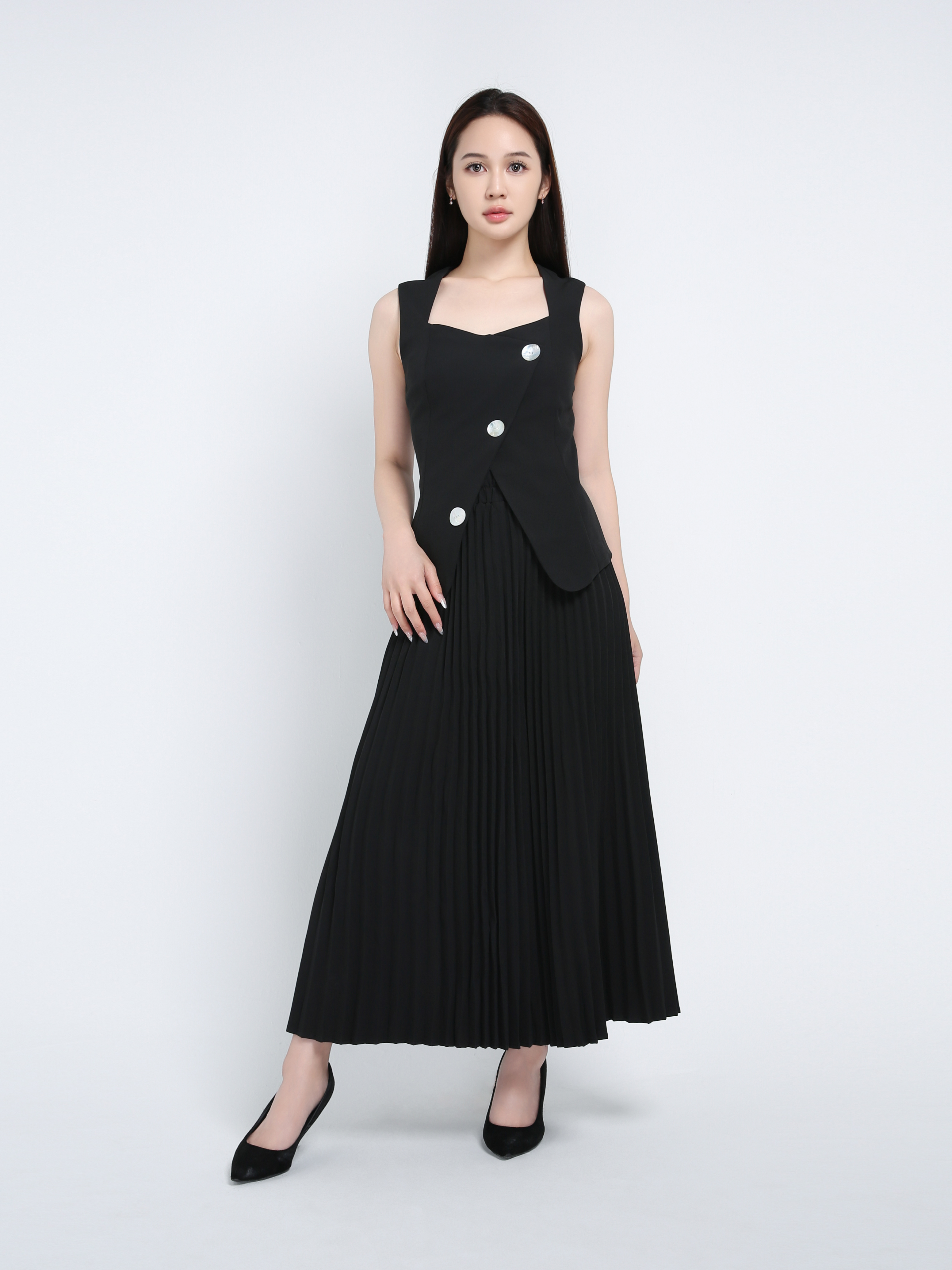 Sleeveless Back Zip Top With Pleated Long Skirt Set 39747
