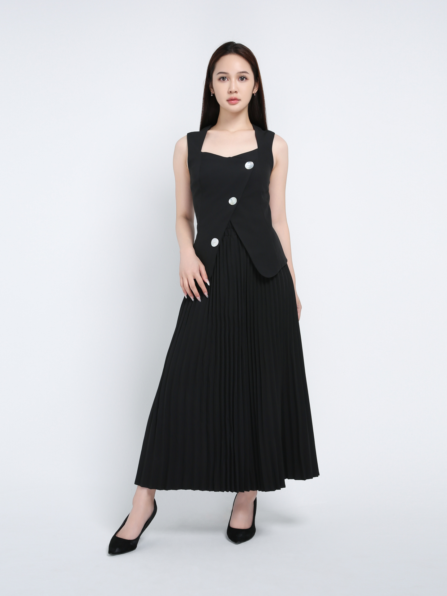 Sleeveless Back Zip Top With Pleated Long Skirt Set 39747