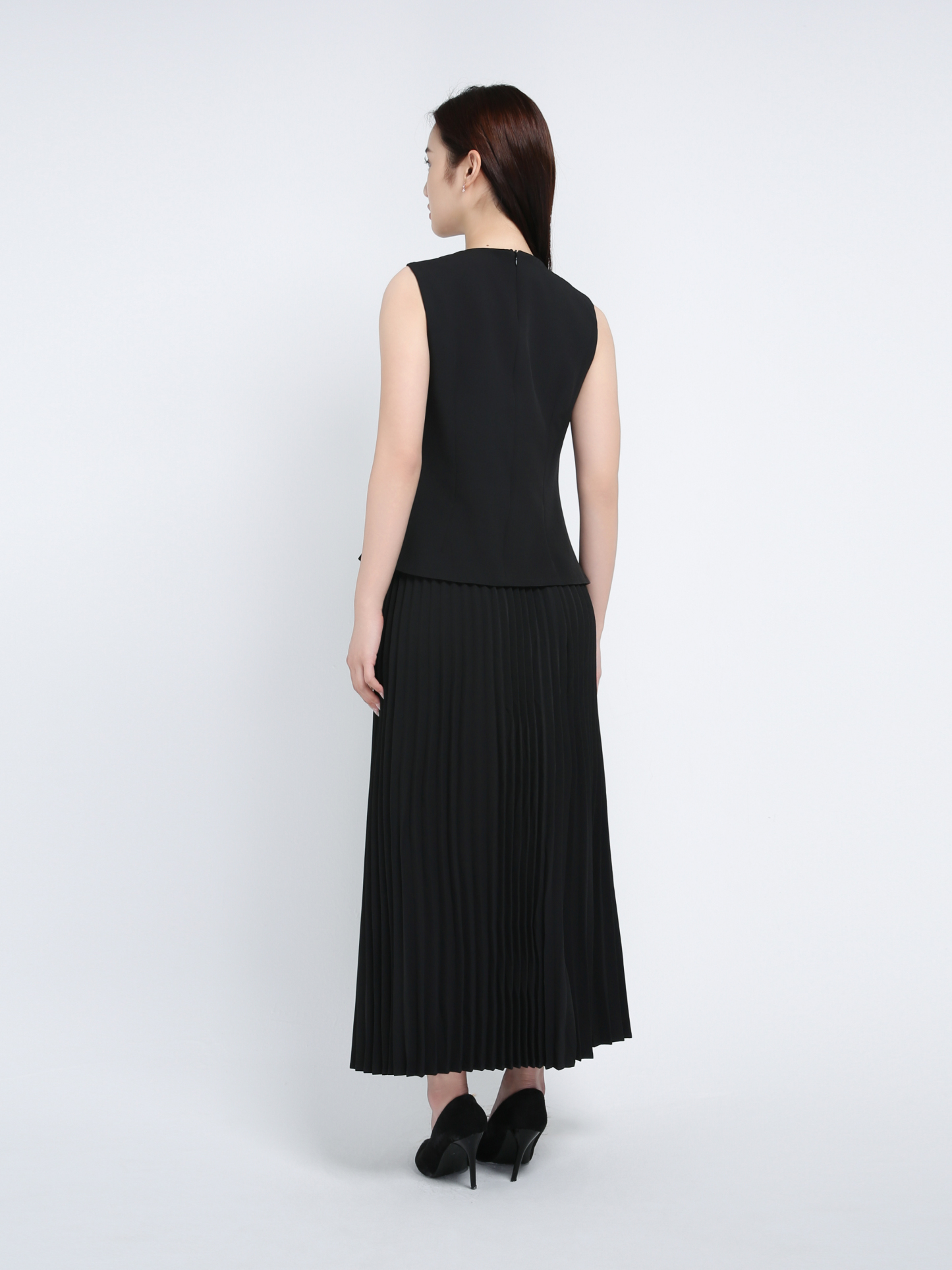 Sleeveless Back Zip Top With Pleated Long Skirt Set 39747