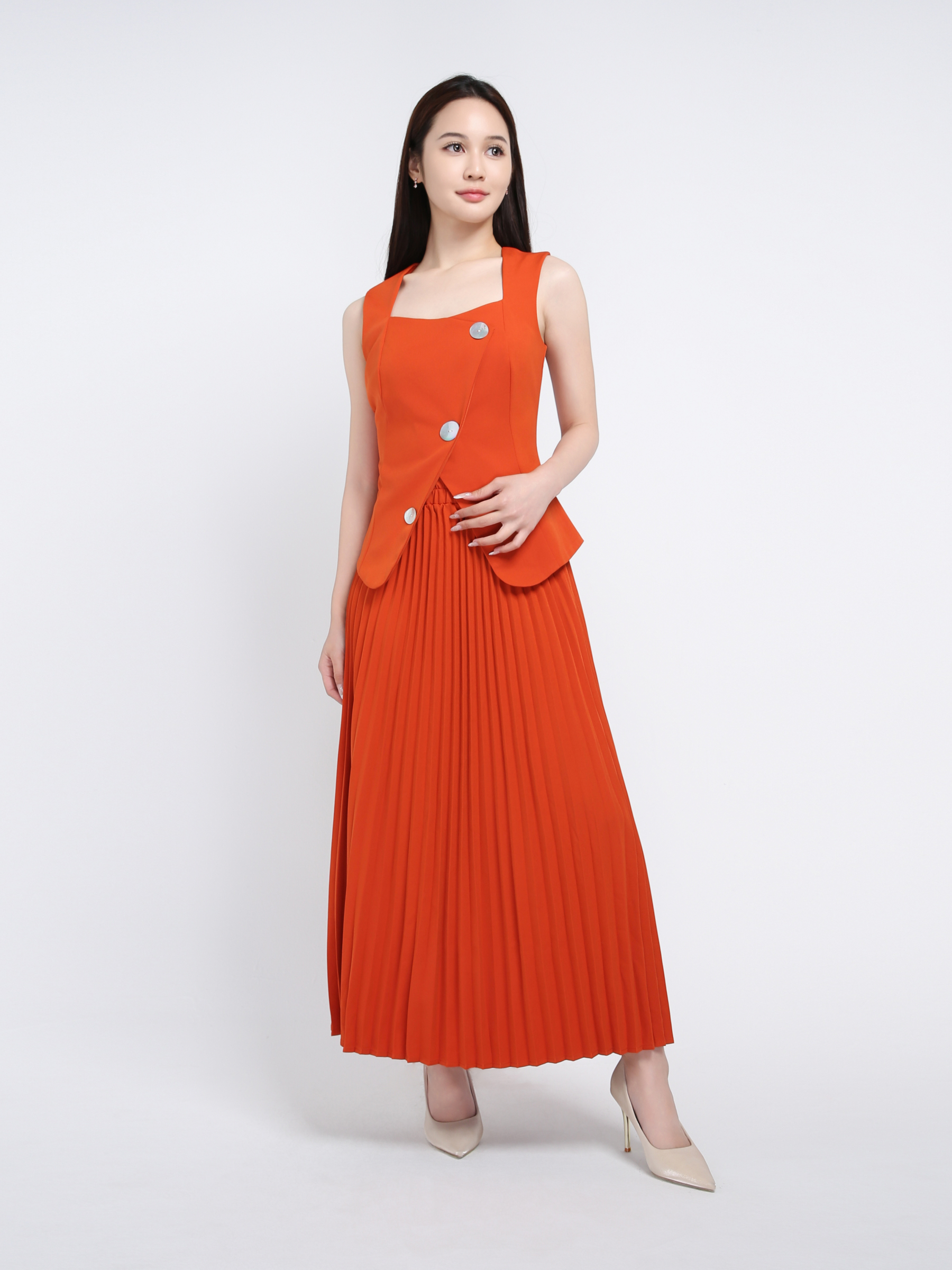 Sleeveless Back Zip Top With Pleated Long Skirt Set 39747