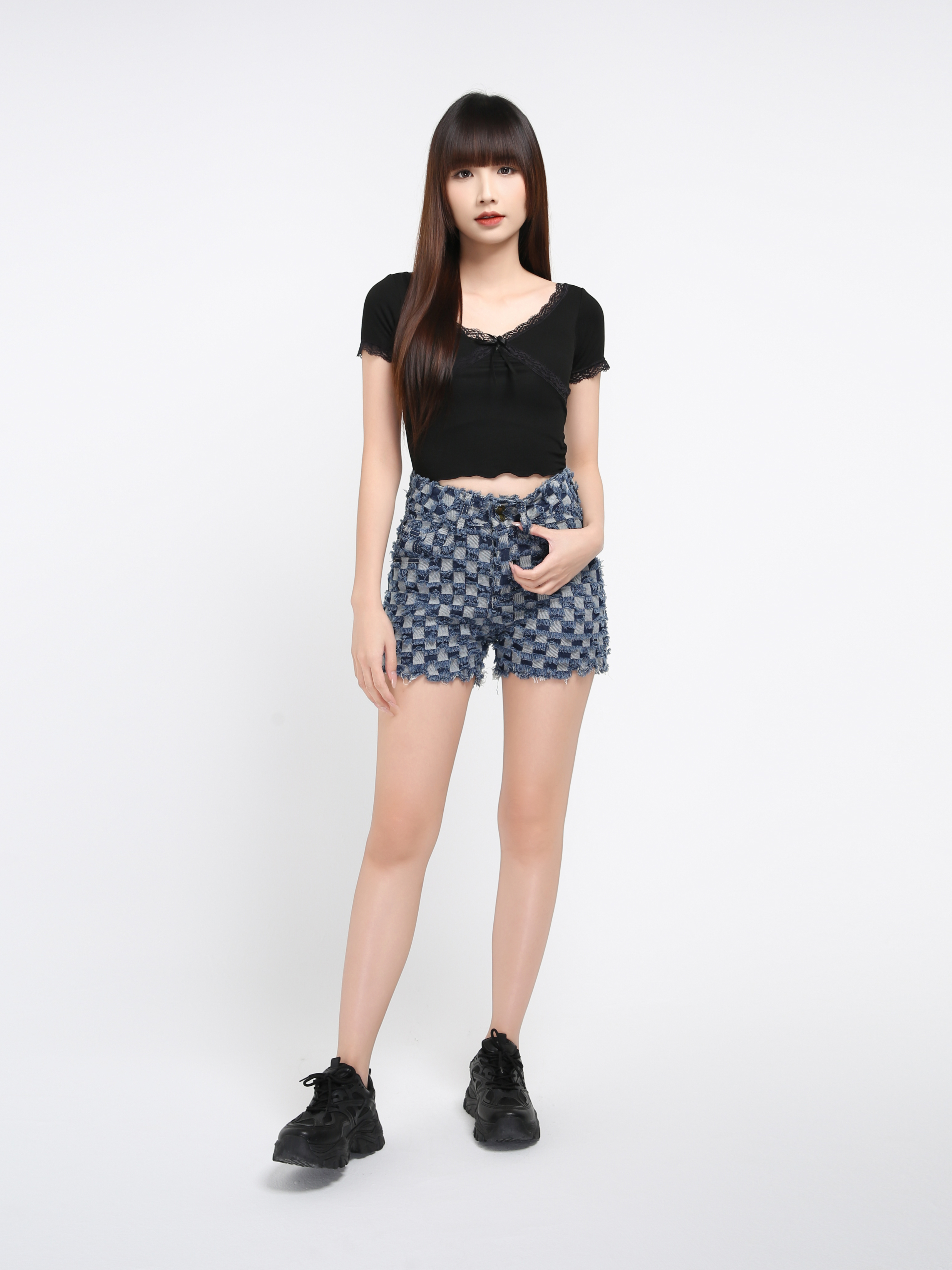 High Waist Denim Checker Ripped Short Pants 22080