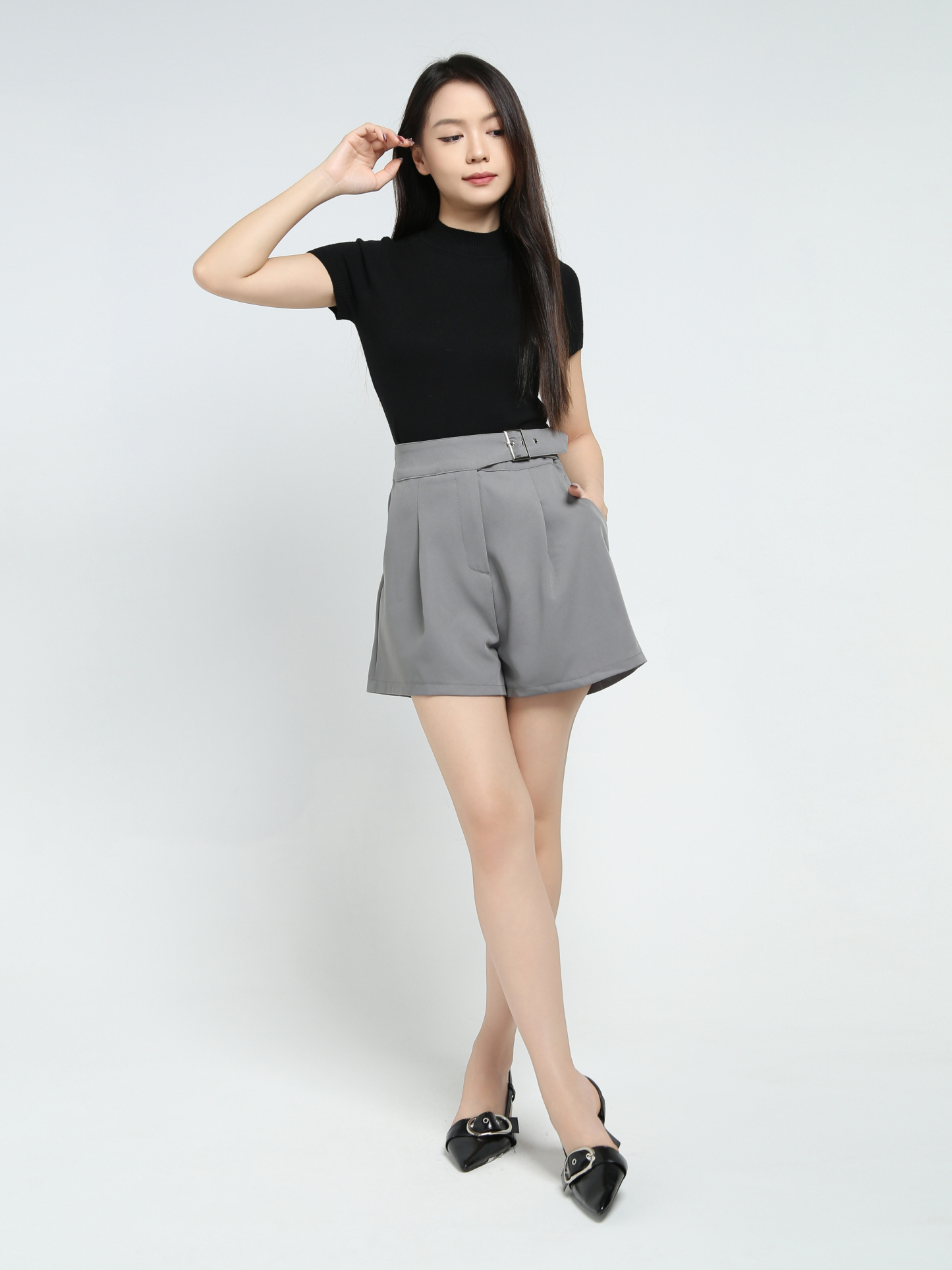 High Waist Pleated Side Pocket Short Pant 40255