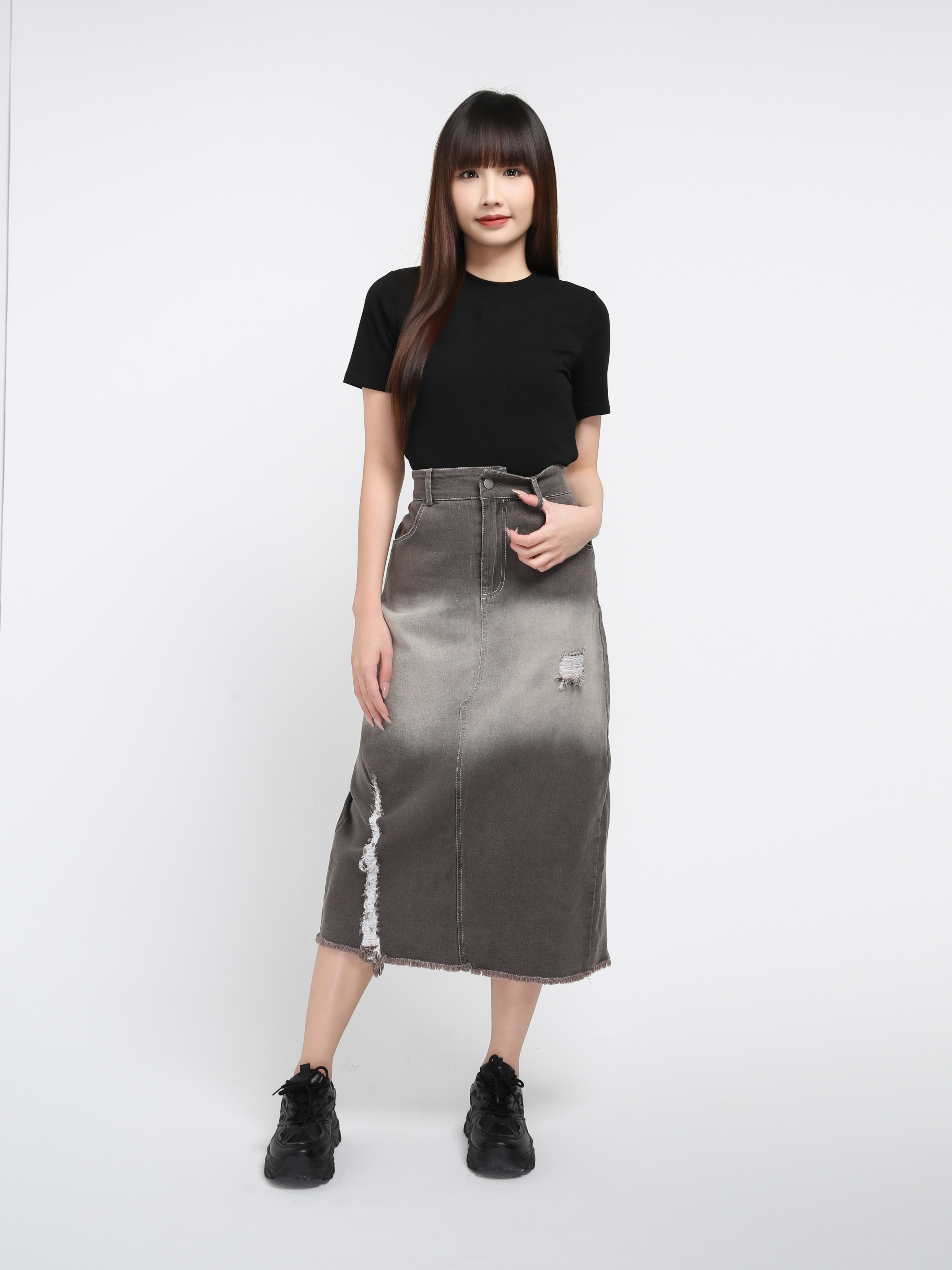 Denim High Waist Front Split Long Skirt  38432