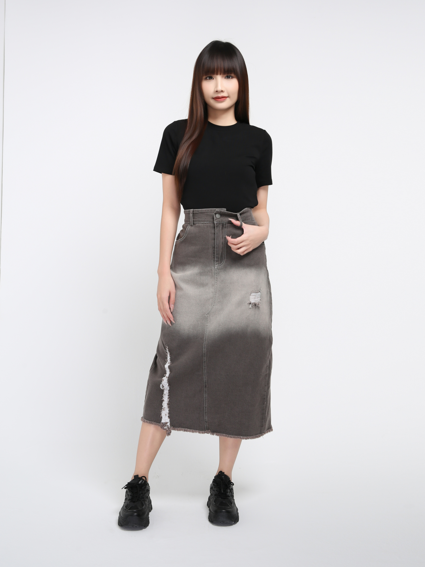 Denim High Waist Front Split Long Skirt 38432