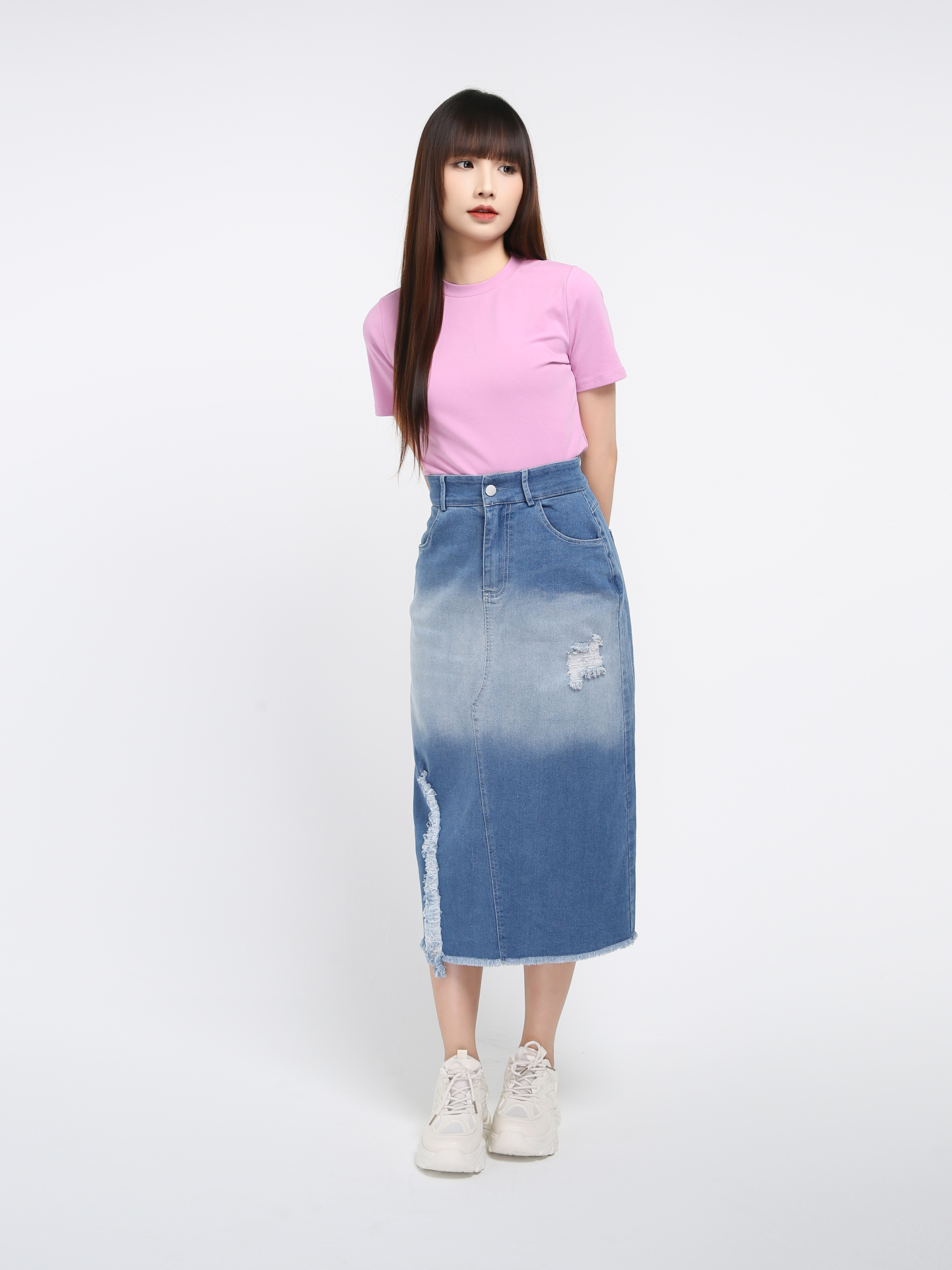 Denim High Waist Front Split Long Skirt 38432