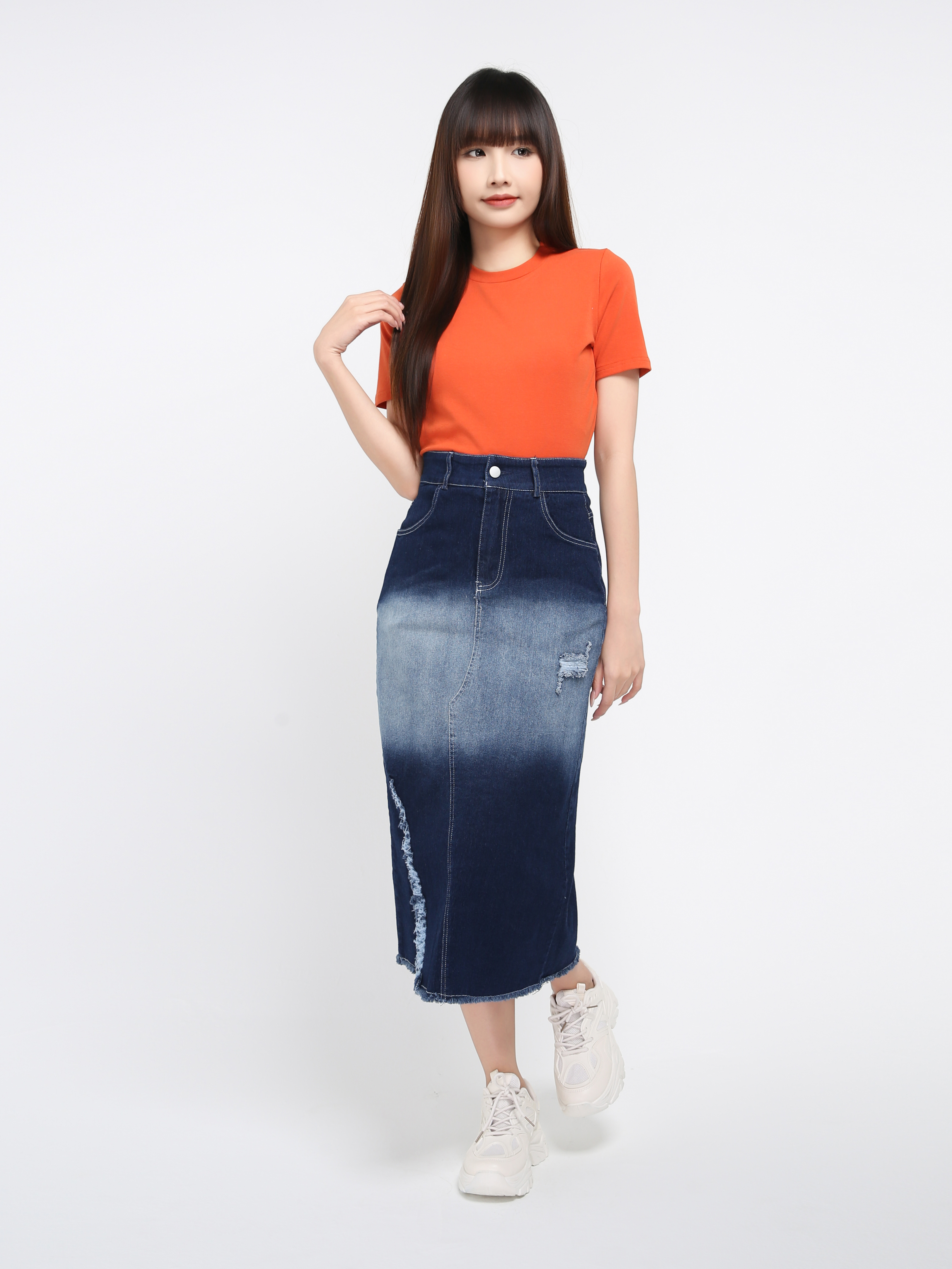 Denim High Waist Front Split Long Skirt  38432