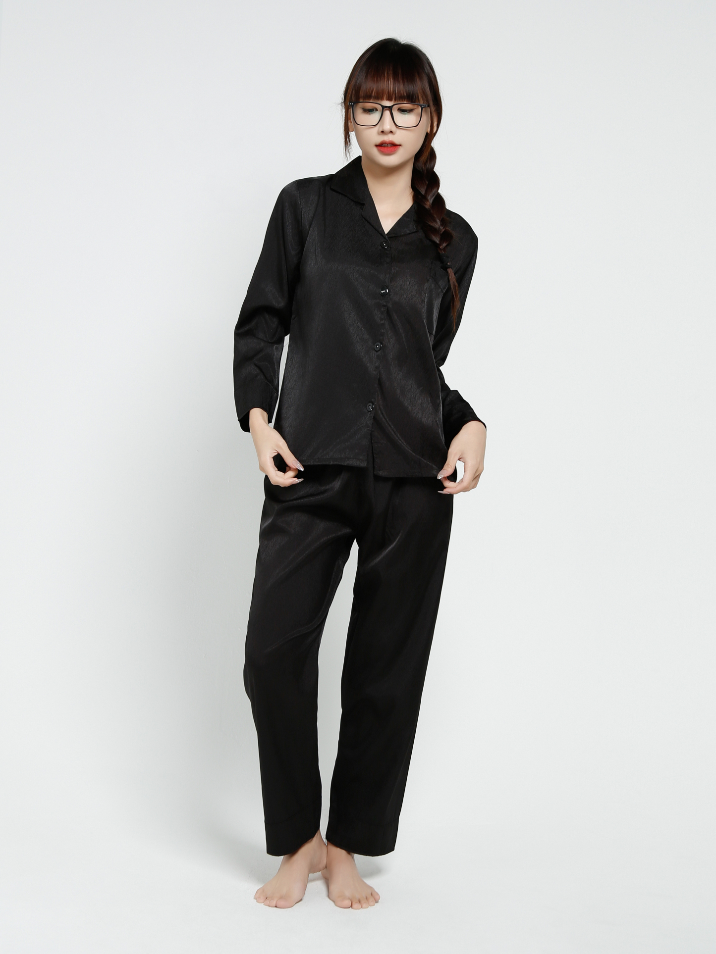 Long Sleeve Front Button Top With Long Pant Set 40425