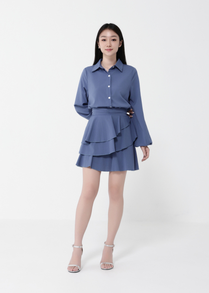 Long Sleeve Front Button Top With Skirt Set 40433