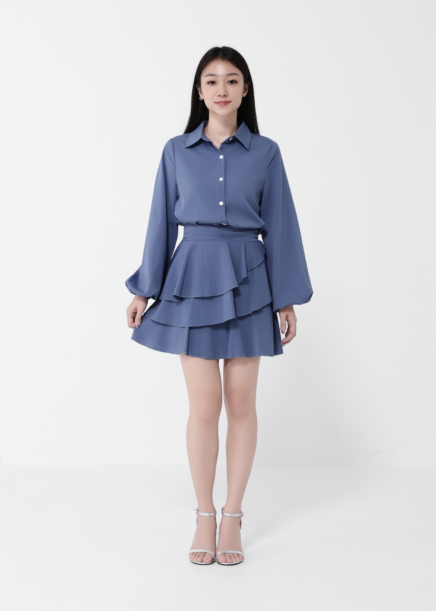Long Sleeve Front Button Top With Skirt Set 40433