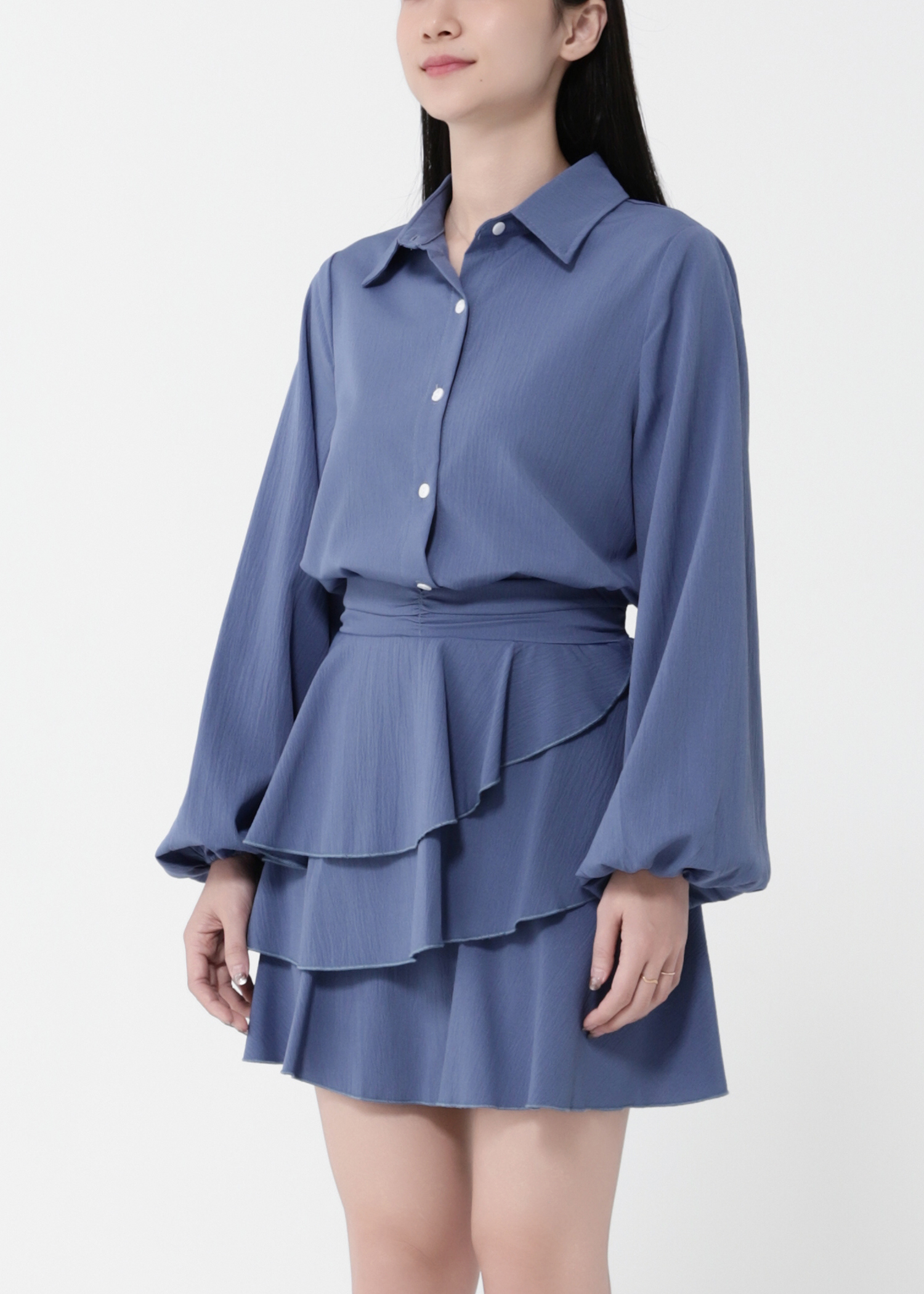 Long Sleeve Front Button Top With Skirt Set 40433