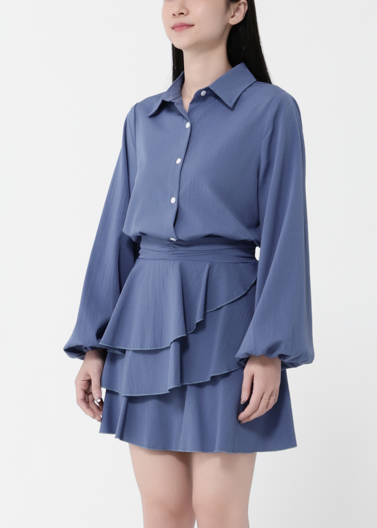 Long Sleeve Front Button Top With Skirt Set 40433