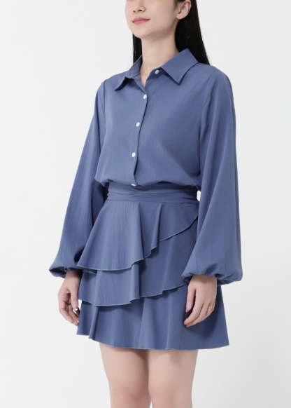 Long Sleeve Front Button Top With Skirt Set 40433