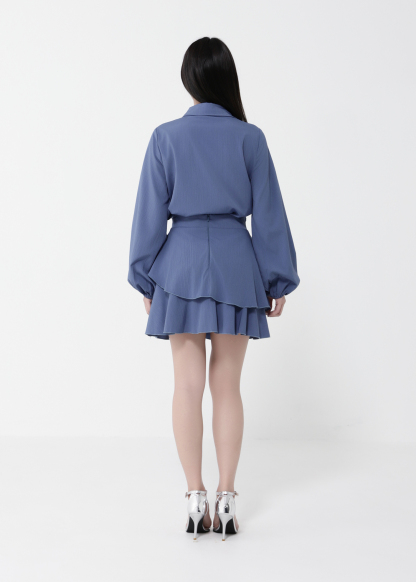 Long Sleeve Front Button Top With Skirt Set 40433