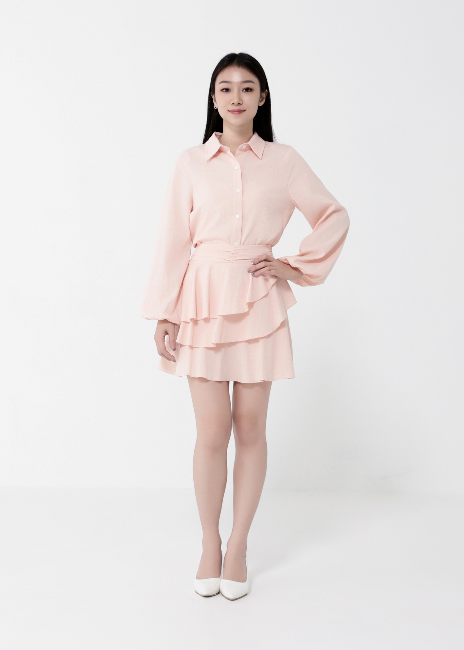 Long Sleeve Front Button Top With Skirt Set 40433