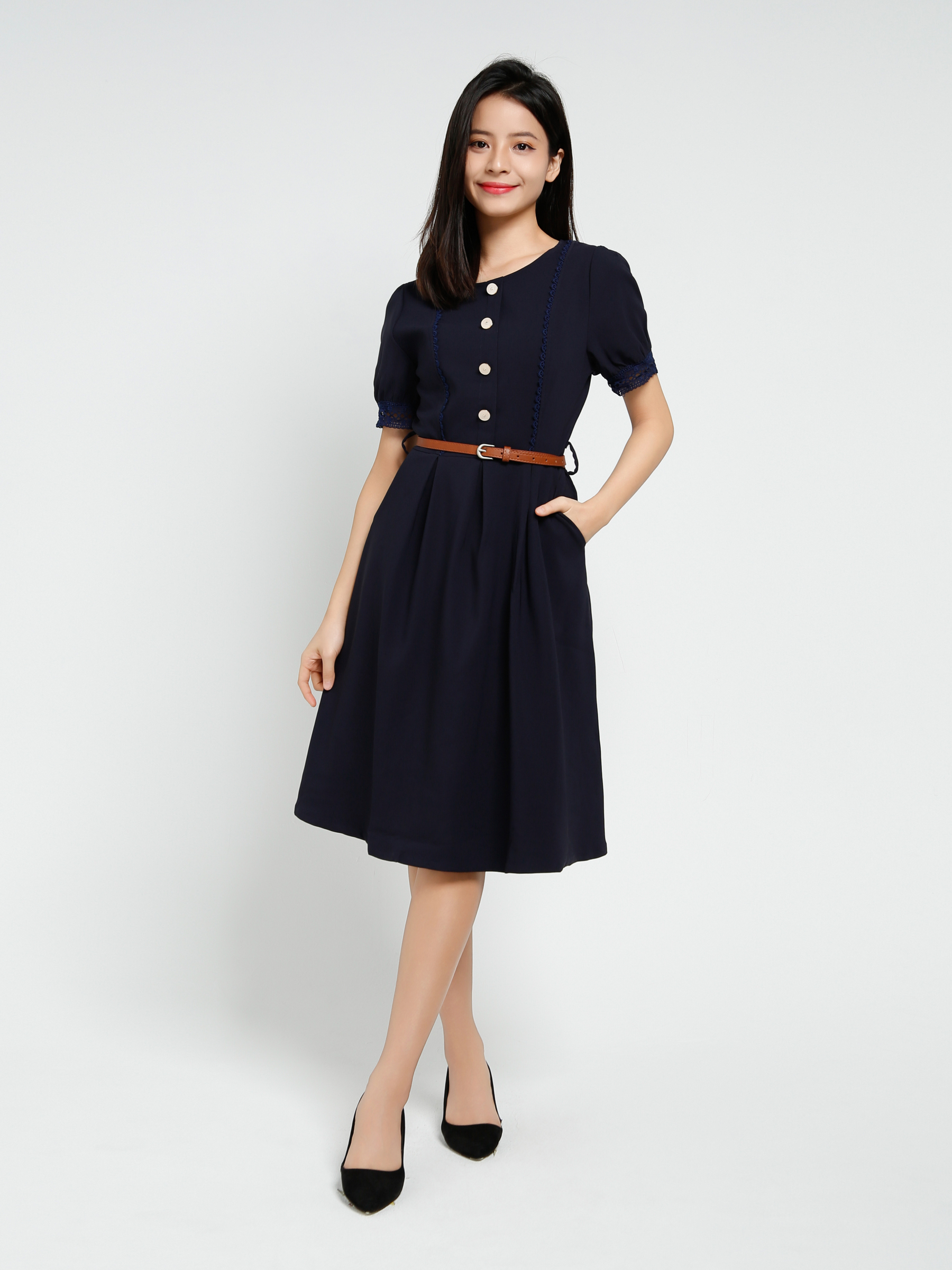 Elegant Short Sleeve With Belt Dress 40600