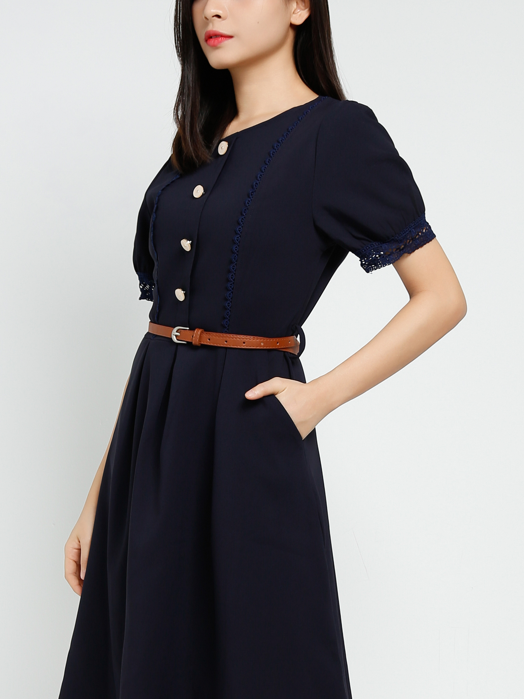 Elegant Short Sleeve With Belt Dress 40600