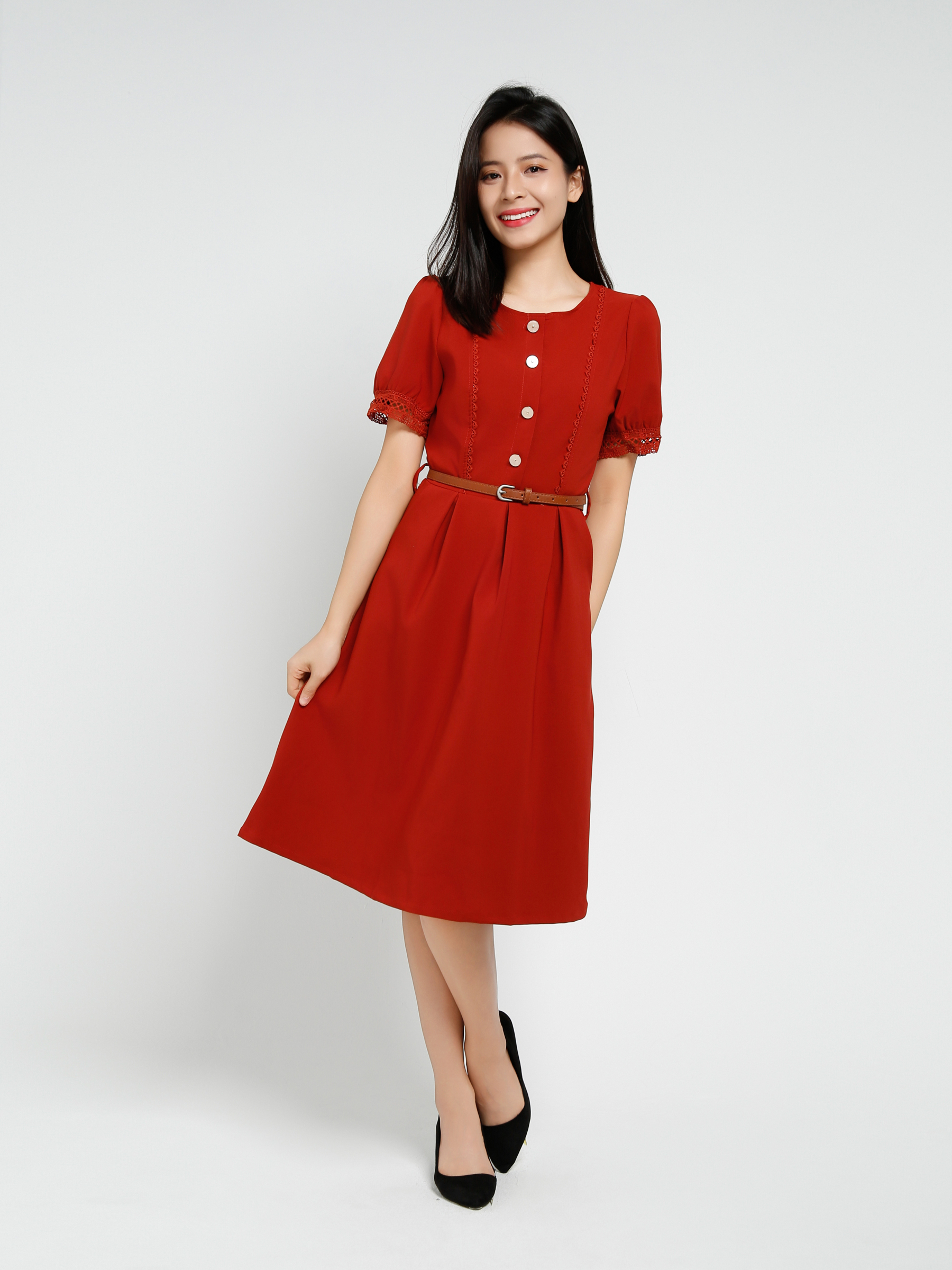 Elegant Short Sleeve With Belt Dress 40600