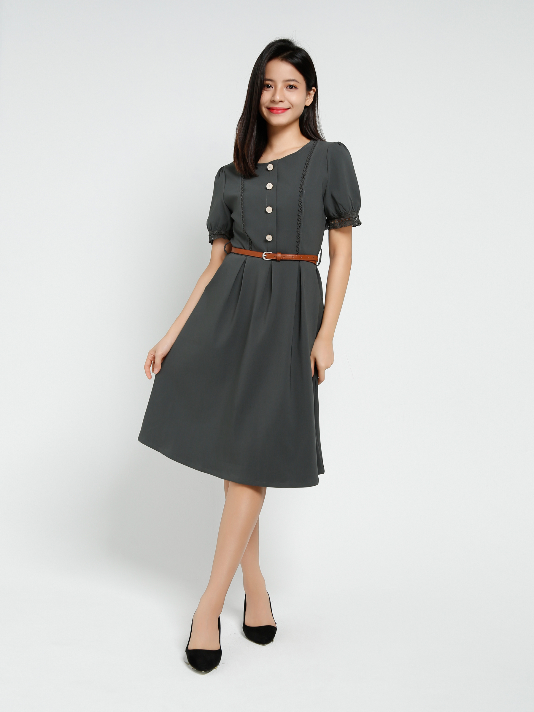 Elegant Short Sleeve With Belt Dress 40600