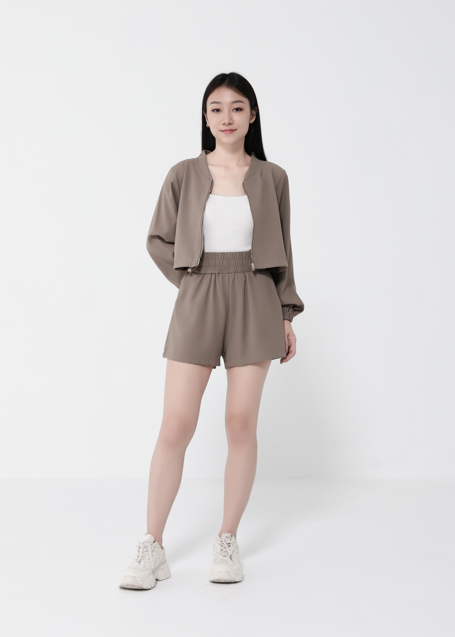 Long Sleeve Front Zip Top With Short Pant Set 40624