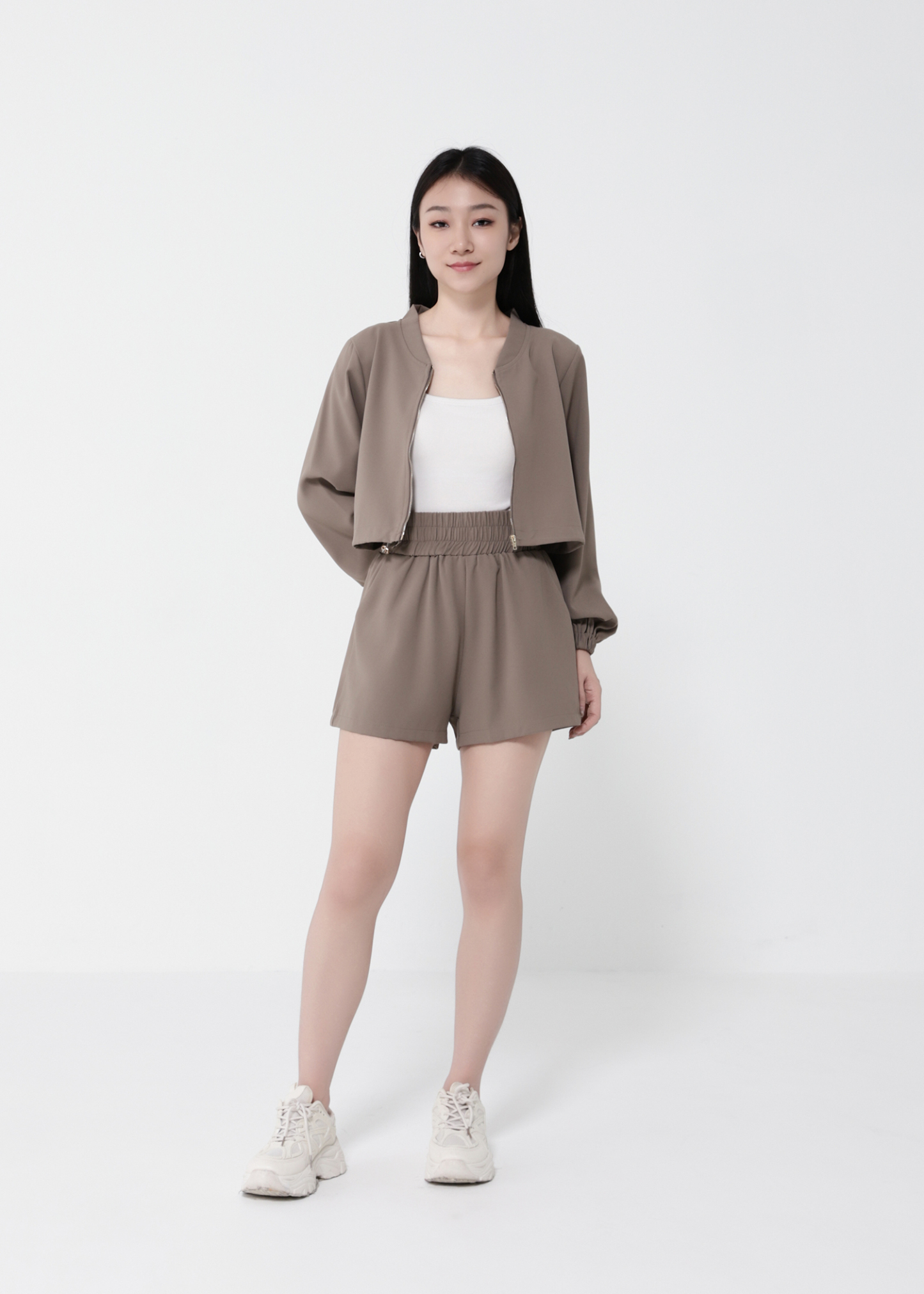 Long Sleeve Front Zip Top With Short Pant Set 40624