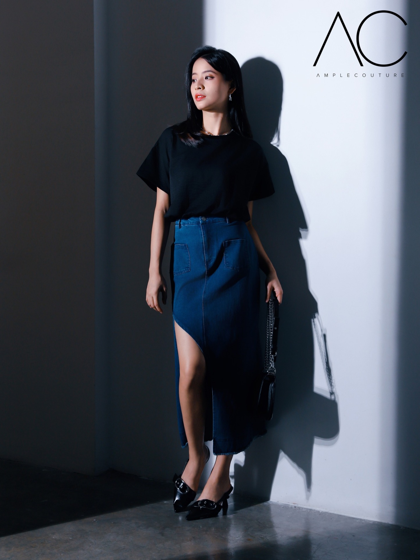 Denim Front Pocket Midi Skirt 40628