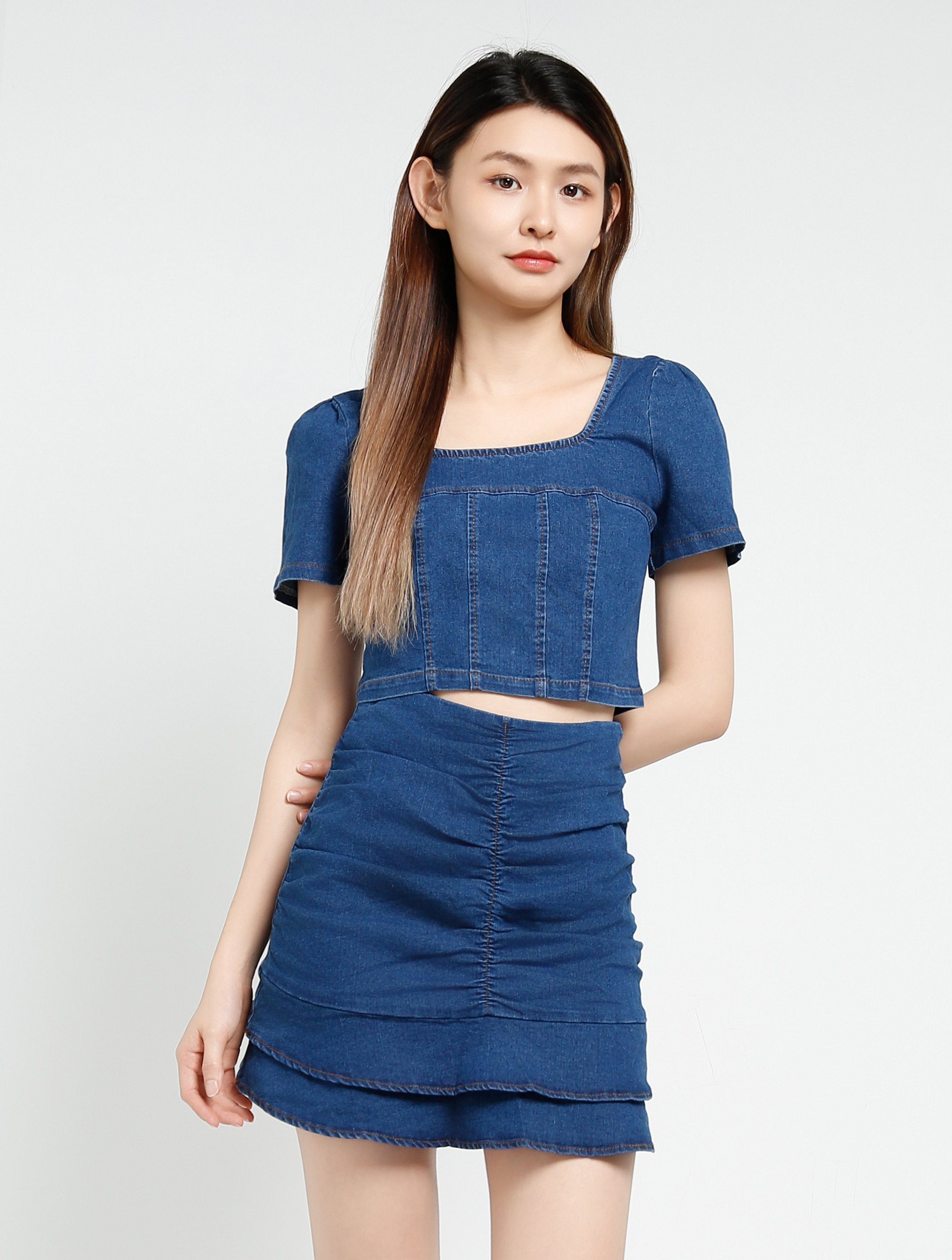 Denim Short Sleeve Top With Skirt Set 40639