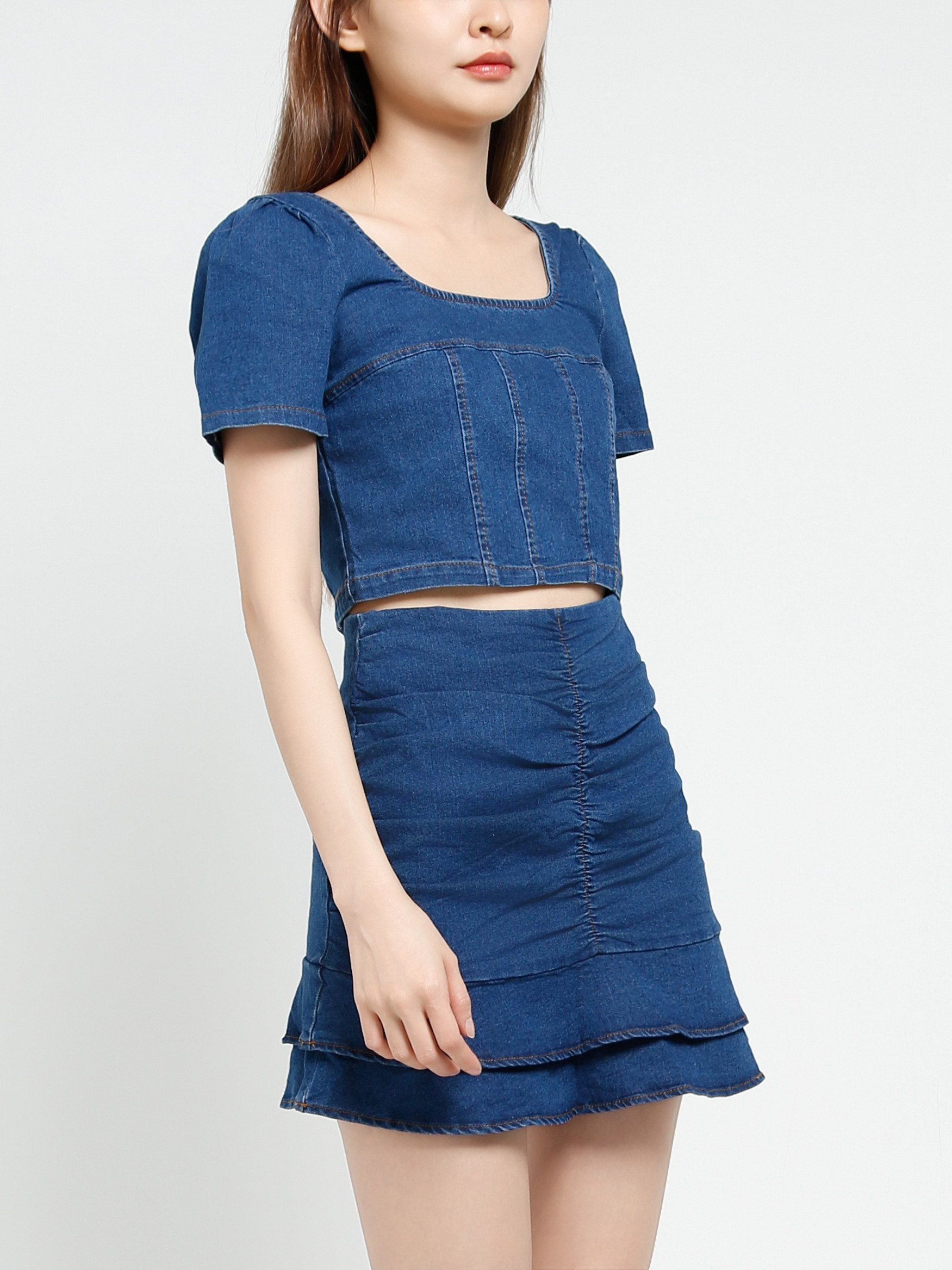 Denim Short Sleeve Top With Skirt Set 40639
