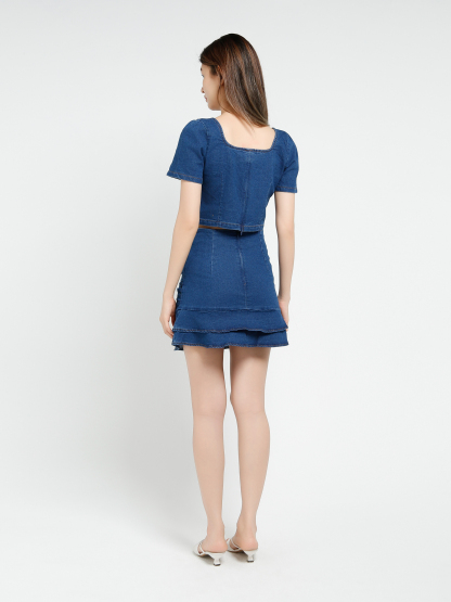 Denim Short Sleeve Top With Skirt Set 40639