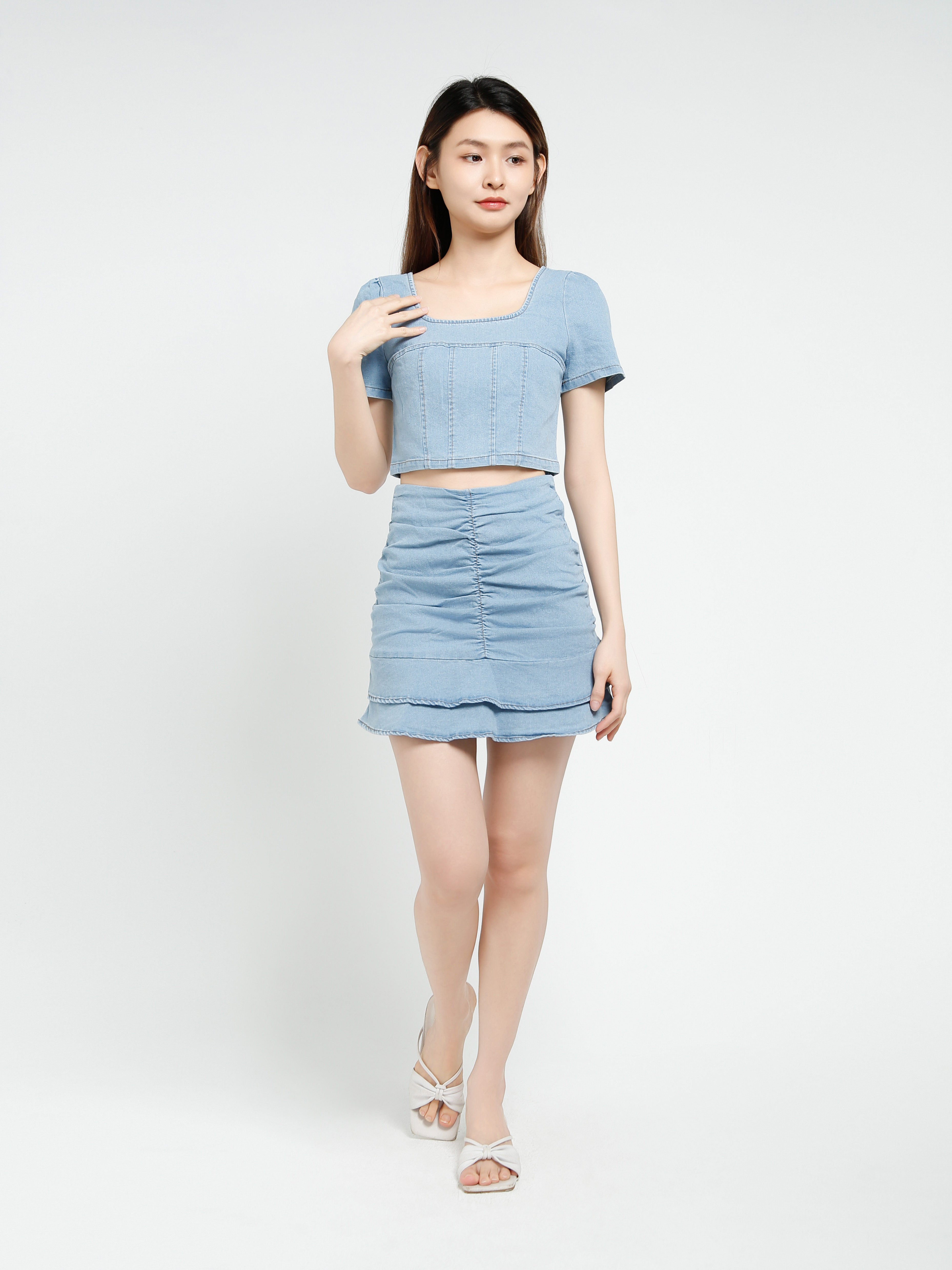 Denim Short Sleeve Top With Skirt Set 40639