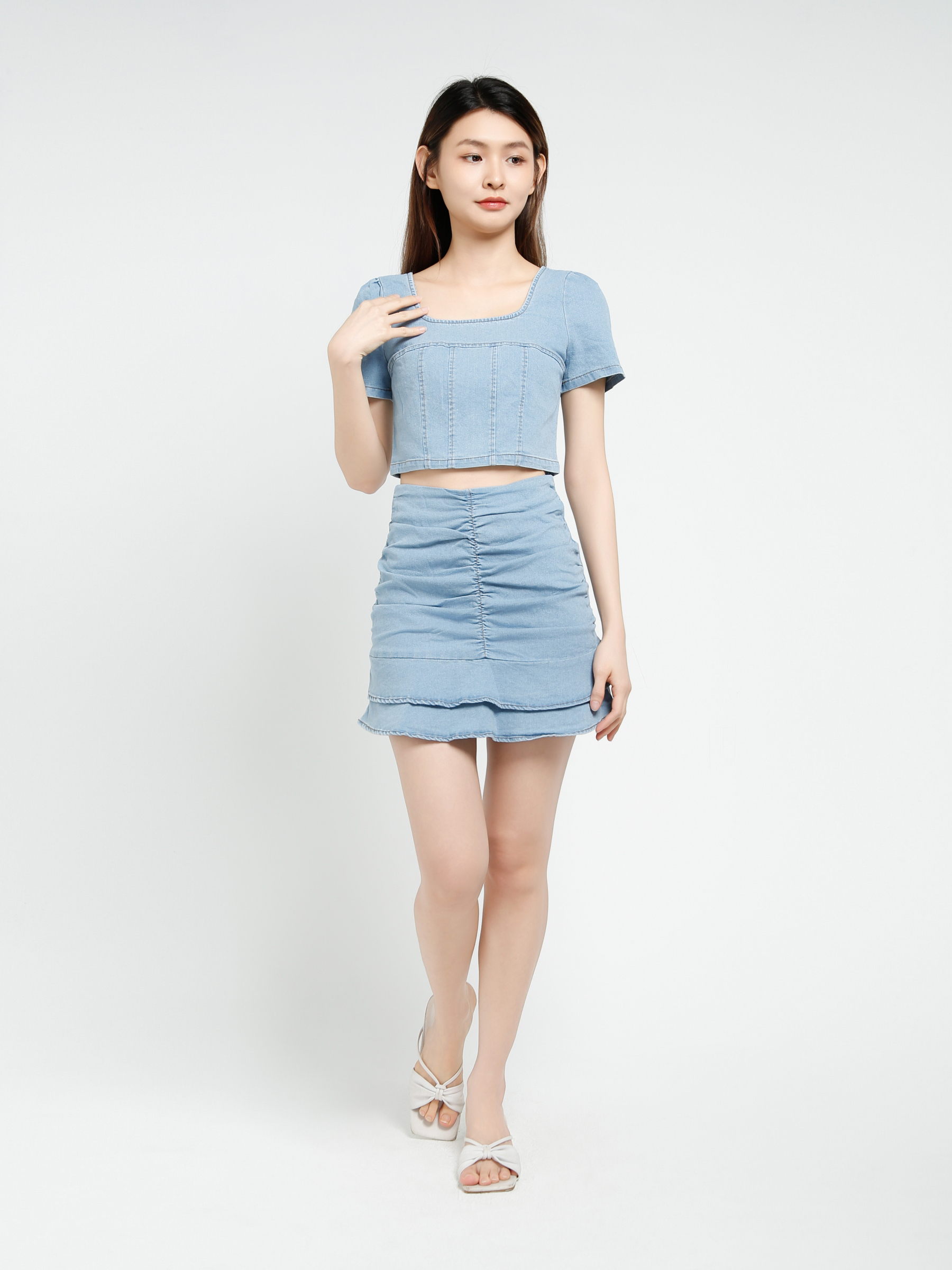 Denim Short Sleeve Top With Skirt Set 40639