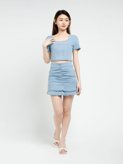Denim Short Sleeve Top With Skirt Set 40639