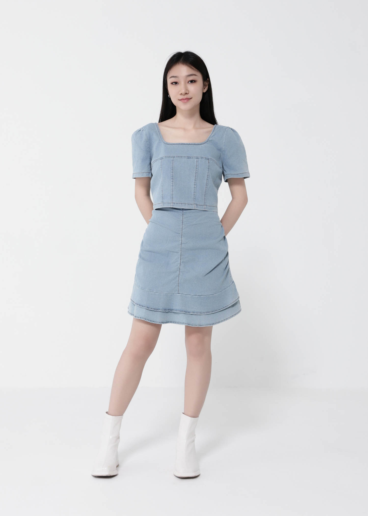 Denim Short Sleeve Top With Skirt Set 40639