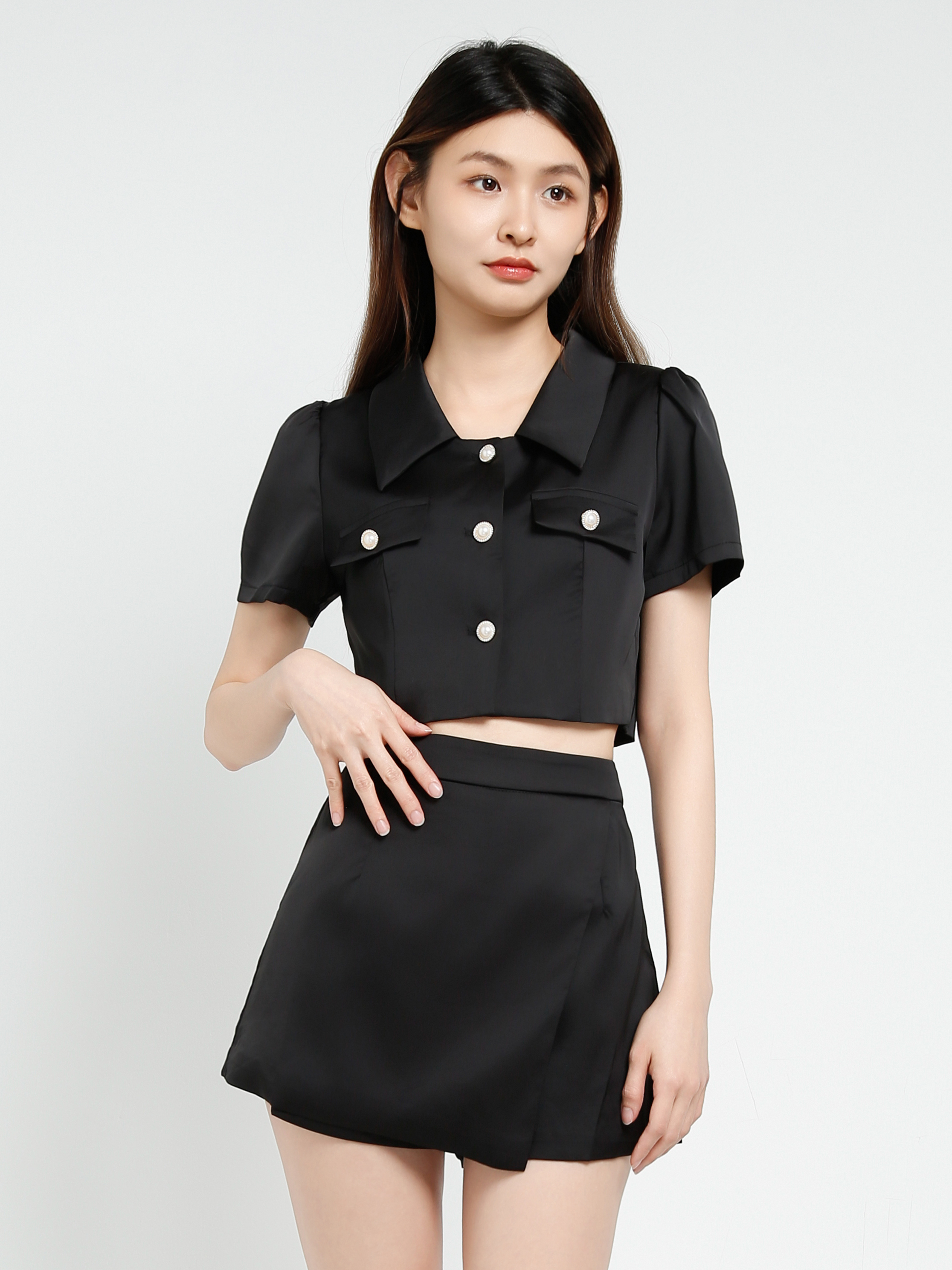 Short Sleeve Front Button Top With Skirt Pant Set 40689