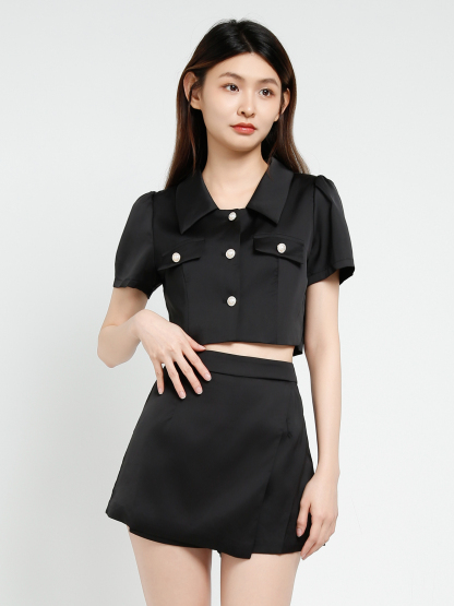 Short Sleeve Front Button Top With Skirt Pant Set 40689