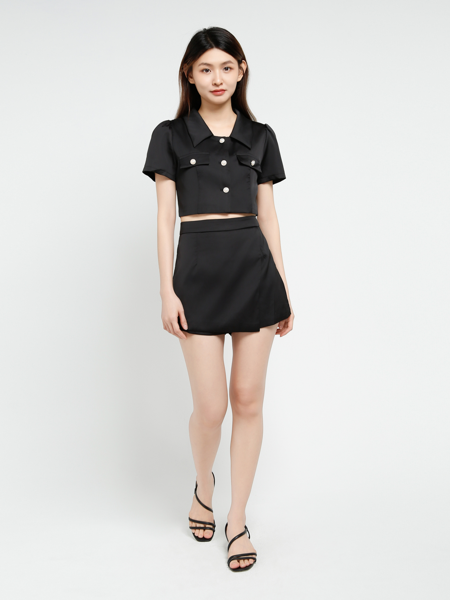 Short Sleeve Front Button Top With Skirt Pant Set 40689