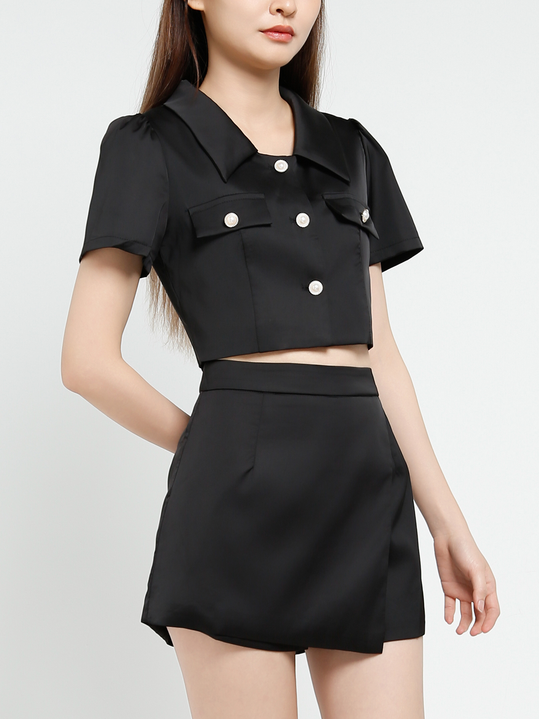 Short Sleeve Front Button Top With Skirt Pant Set 40689