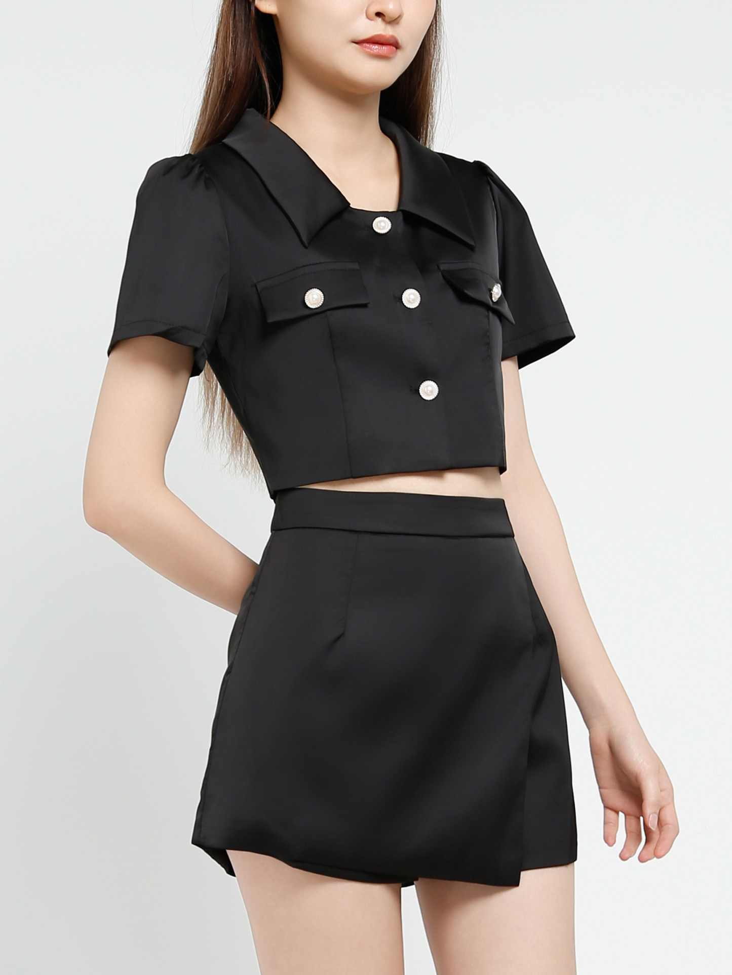 Short Sleeve Front Button Top With Skirt Pant Set 40689