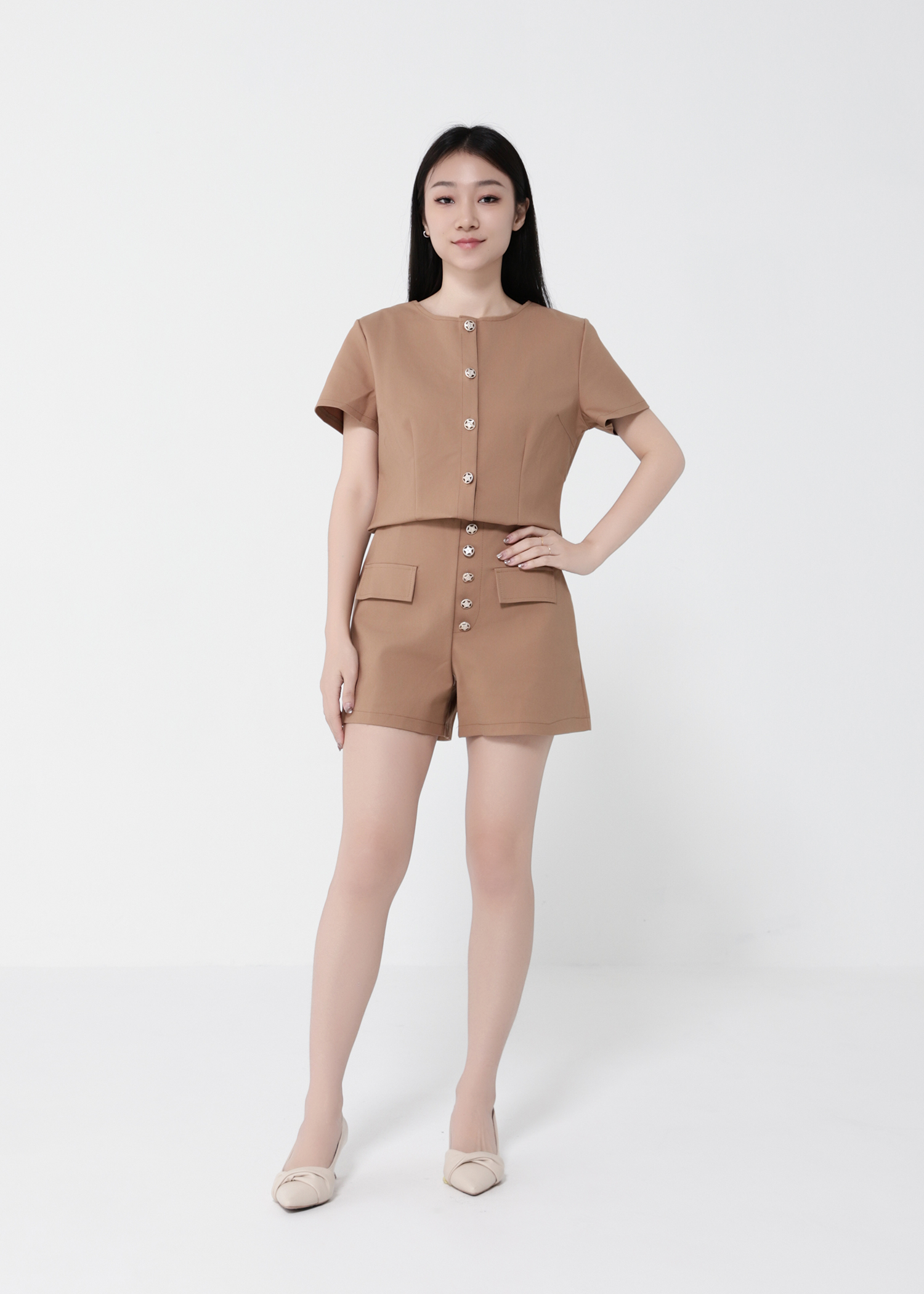 Short Sleeve Front Button Top With Short Pant Set 40692