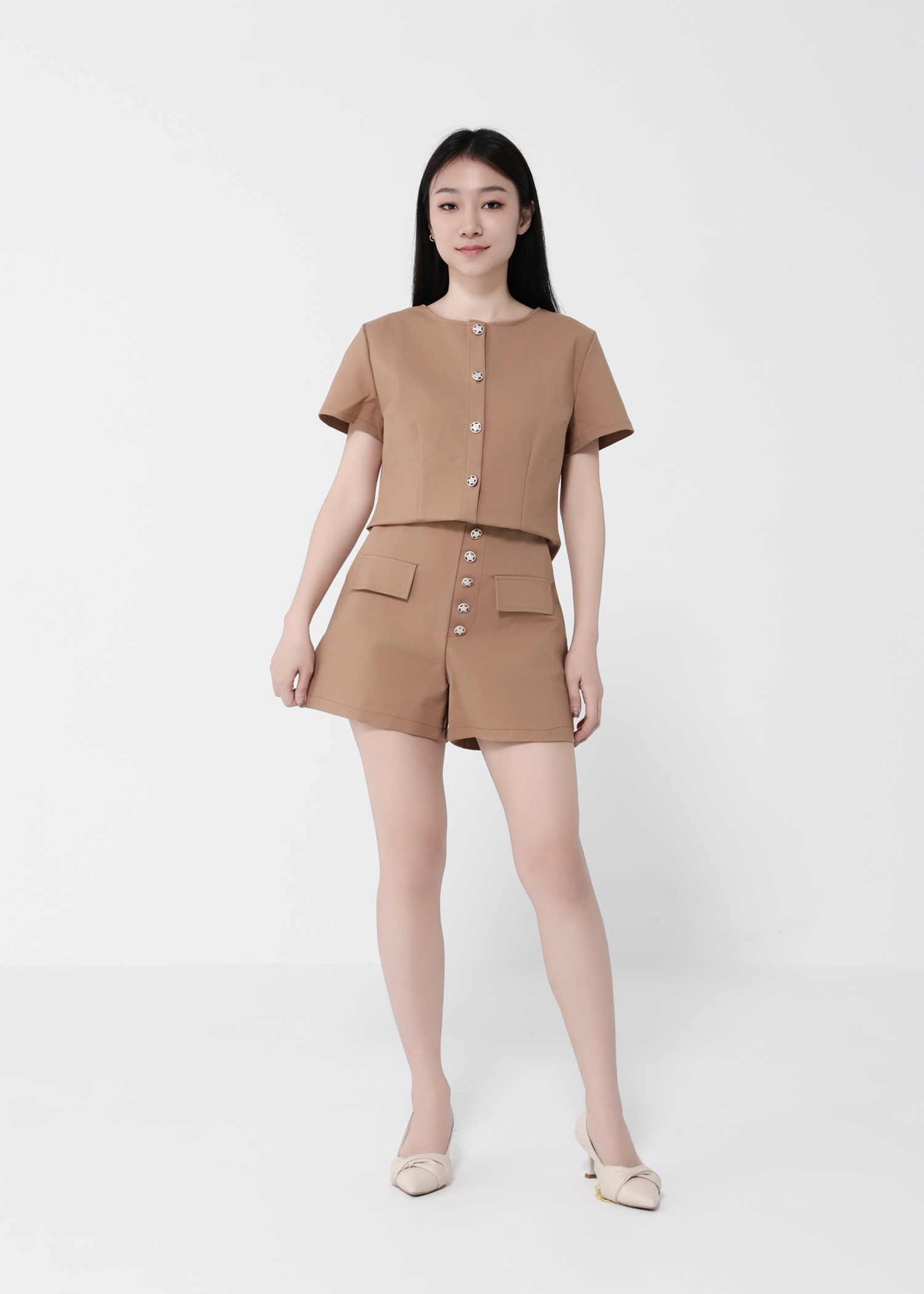 Short Sleeve Front Button Top With Short Pant Set 40692