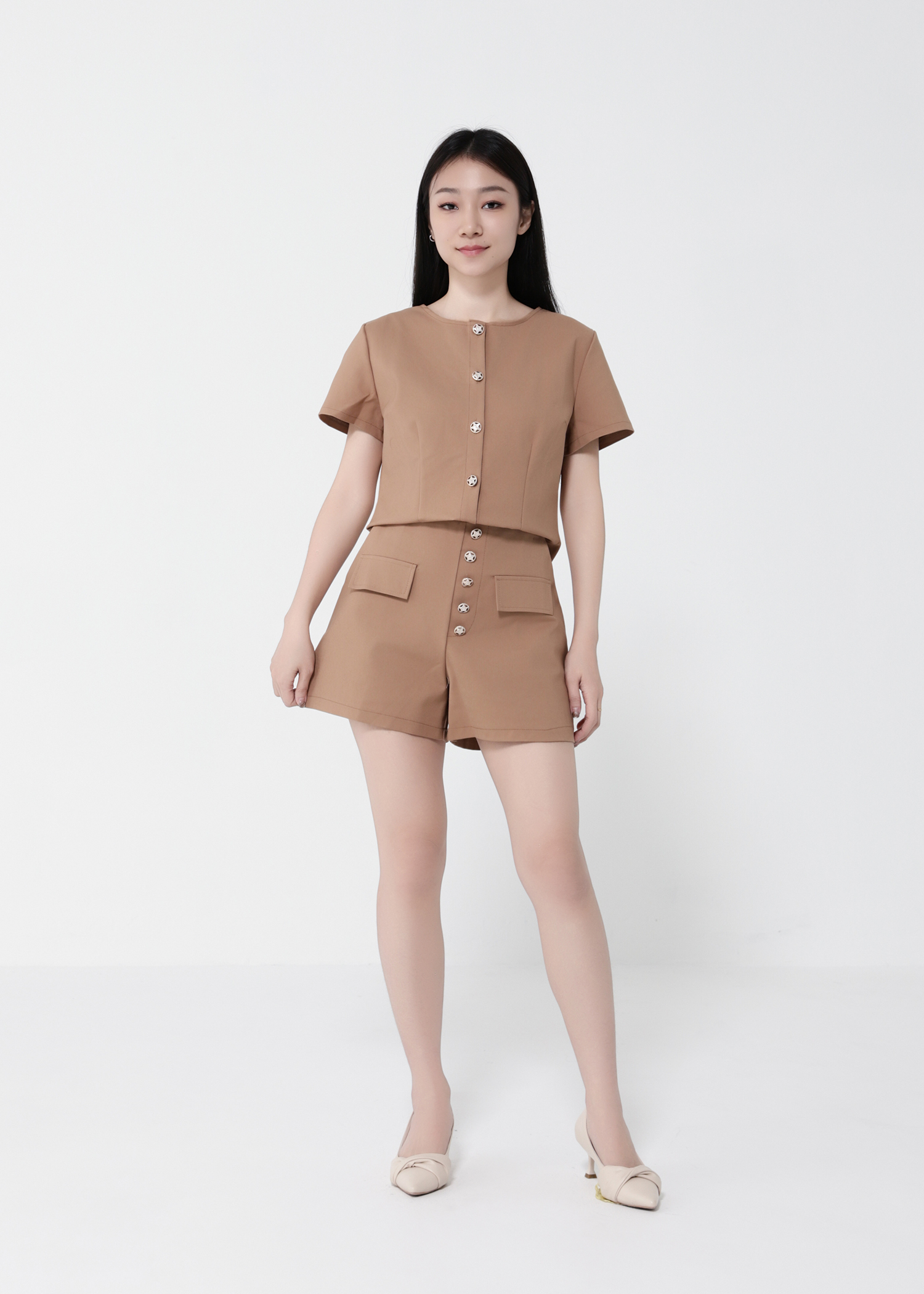 Short Sleeve Front Button Top With Short Pant Set 40692