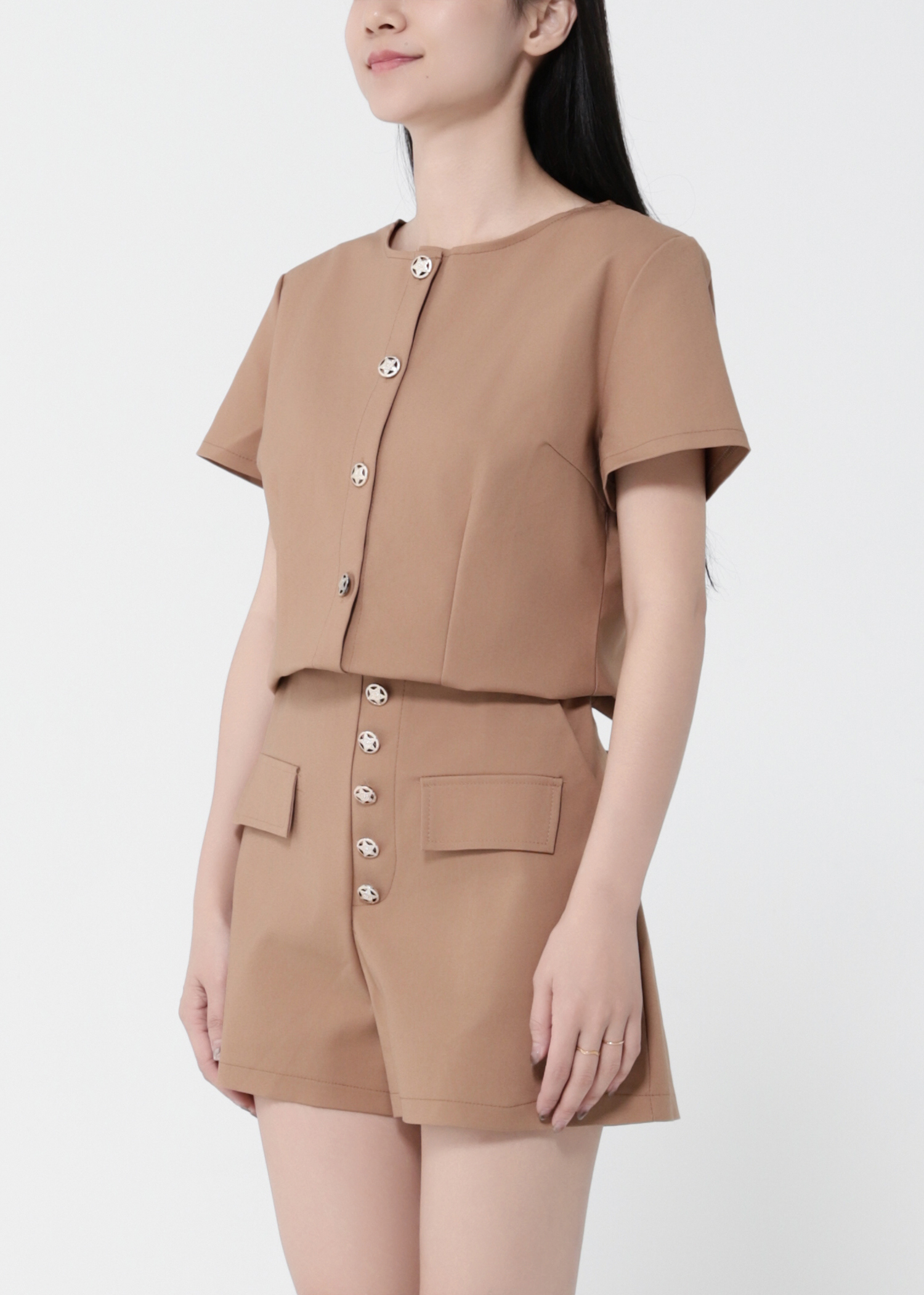 Short Sleeve Front Button Top With Short Pant Set 40692