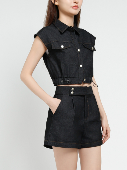 Sleeveless Front Button Top With Short Pant Set 40697