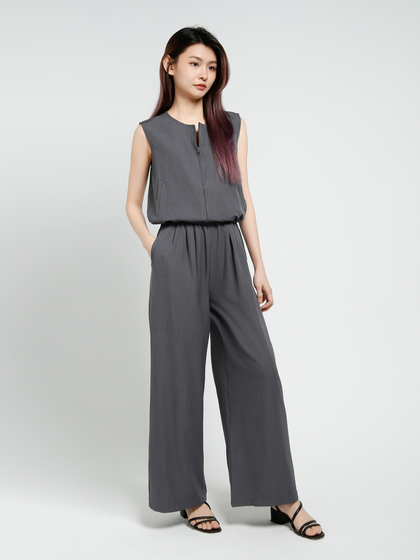 Sleeveless Front Zip Top With Long Pant Set 40851