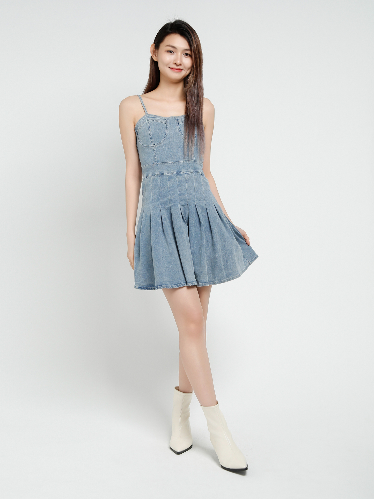 Denim Sleeveless Pleated Dress 40950