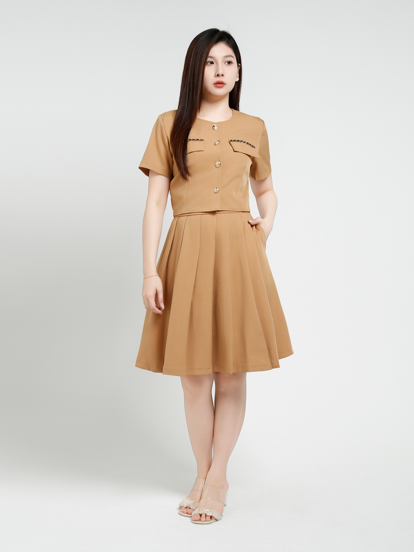 Short Sleeve Top With  Pleated Skirt Set 40975