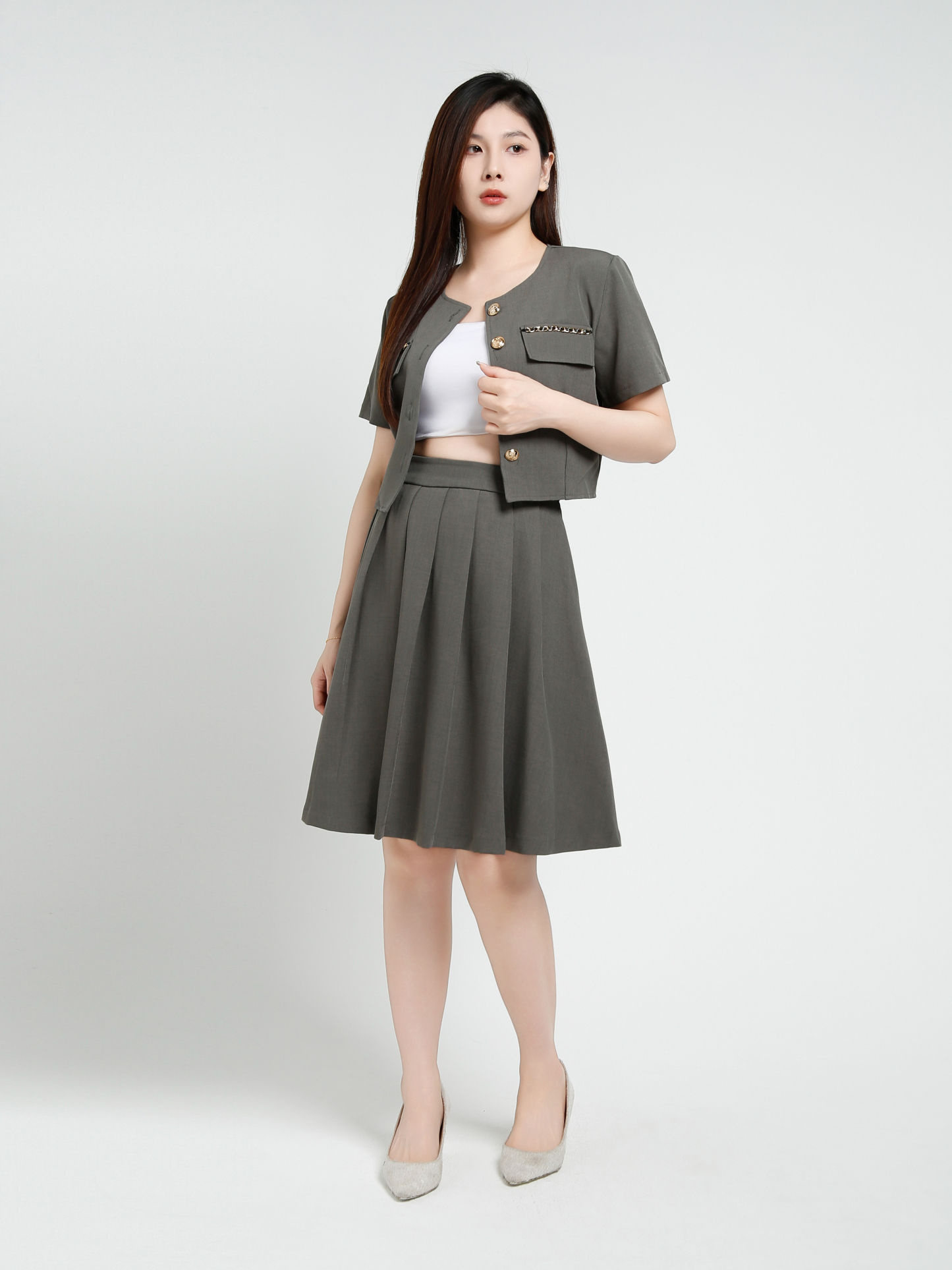 Short Sleeve Top With  Pleated Skirt Set 40975