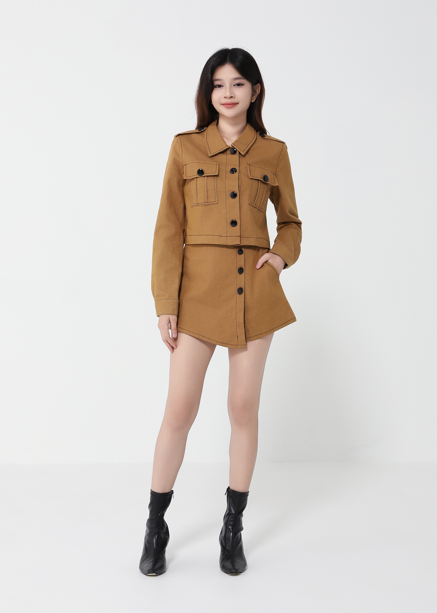 Long Sleeve Front Button Top With Skirt Pant Set 40993