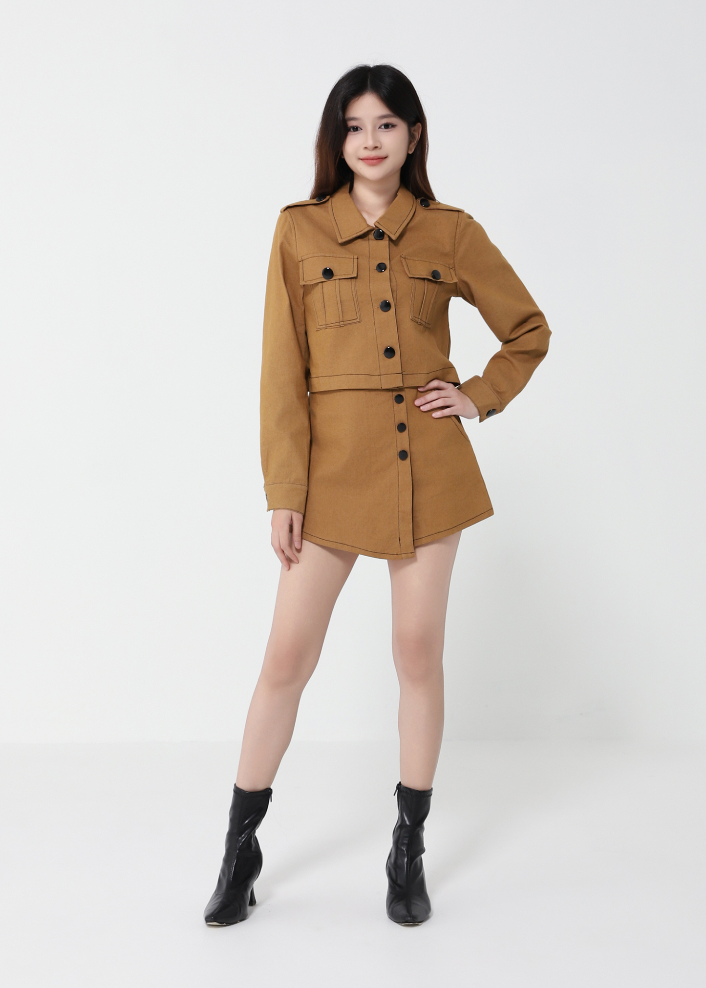 Long Sleeve Front Button Top With Skirt Pant Set 40993