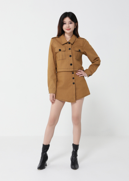 Long Sleeve Front Button Top With Skirt Pant Set 40993